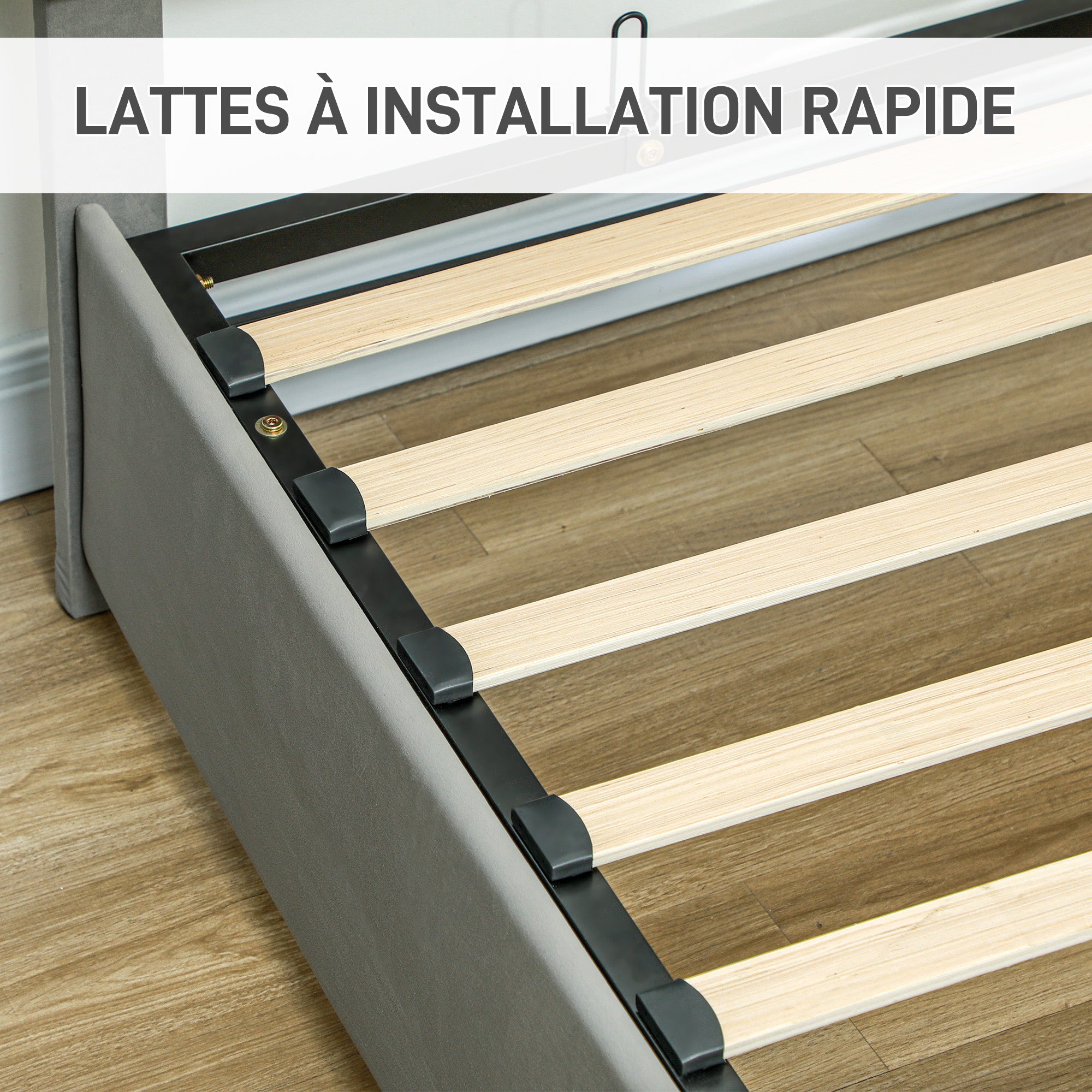 Cadre de lit double 140 x 200 cm pour 2 personnes - levage de gaz, espace de rangement, tiroir à roulettes, tête de lit réglable et sommier à lattes en bois, capitonnée effet velours, gris