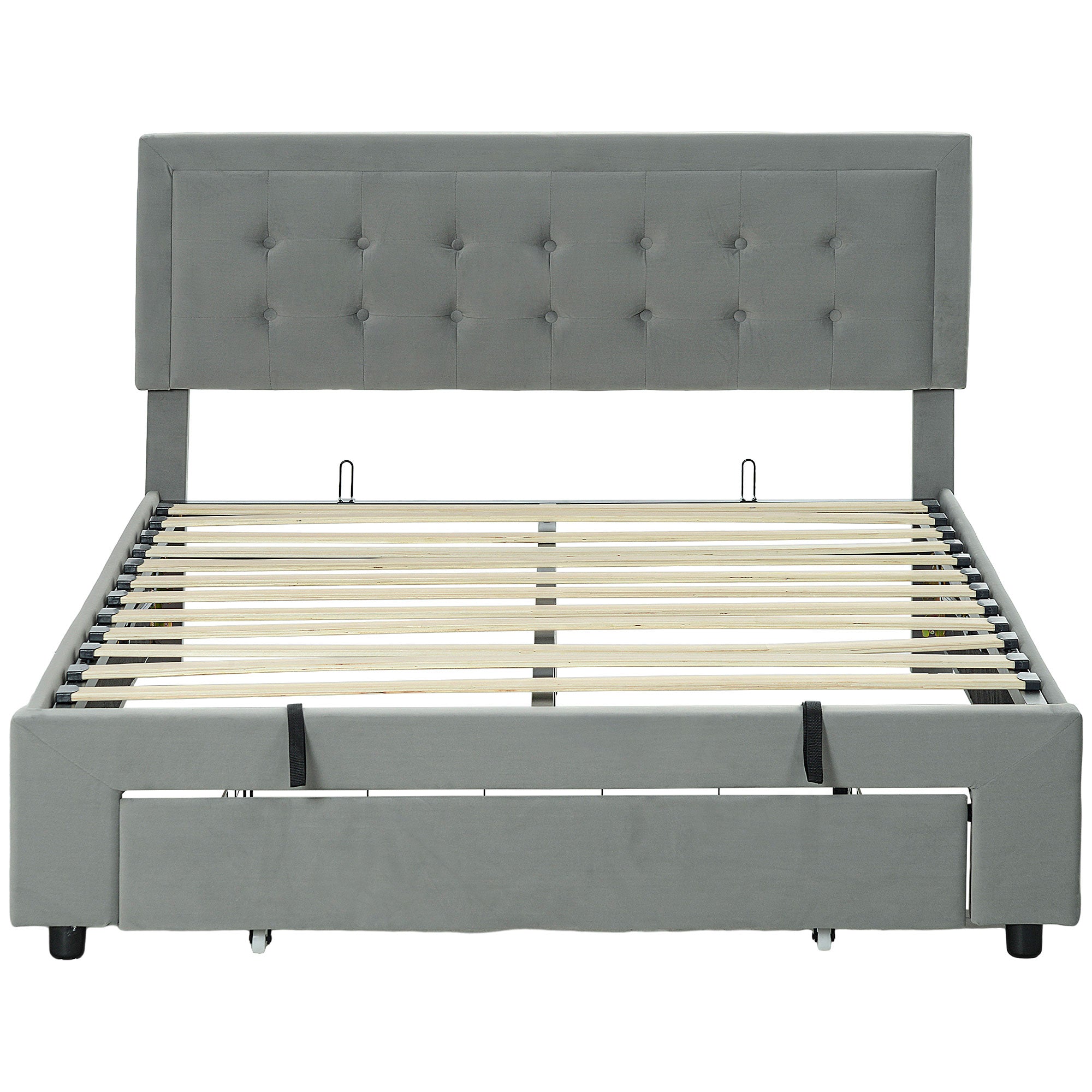 Cadre de lit double 140 x 200 cm pour 2 personnes - levage de gaz, espace de rangement, tiroir à roulettes, tête de lit réglable et sommier à lattes en bois, capitonnée effet velours, gris