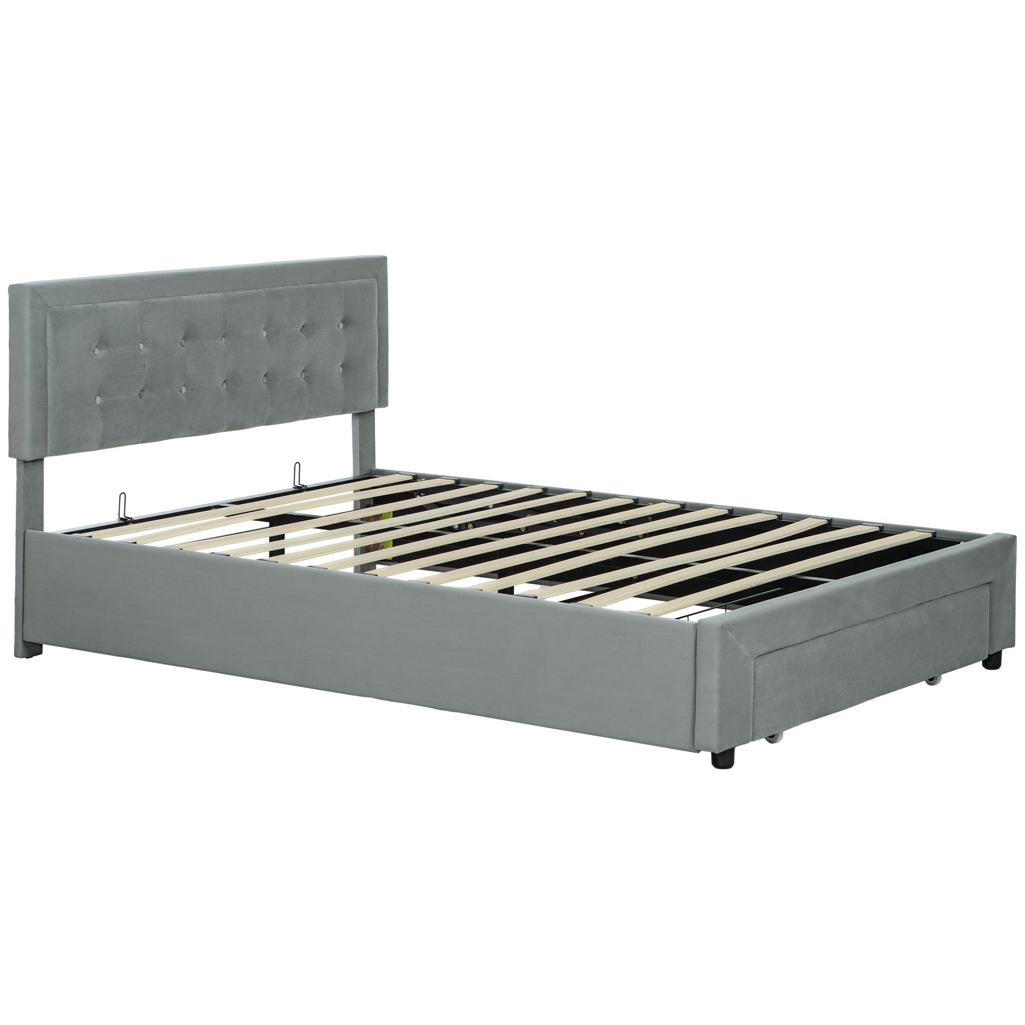 Cadre de lit double 140 x 200 cm pour 2 personnes - levage de gaz, espace de rangement, tiroir à roulettes, tête de lit réglable et sommier à lattes en bois, capitonnée effet velours, gris
