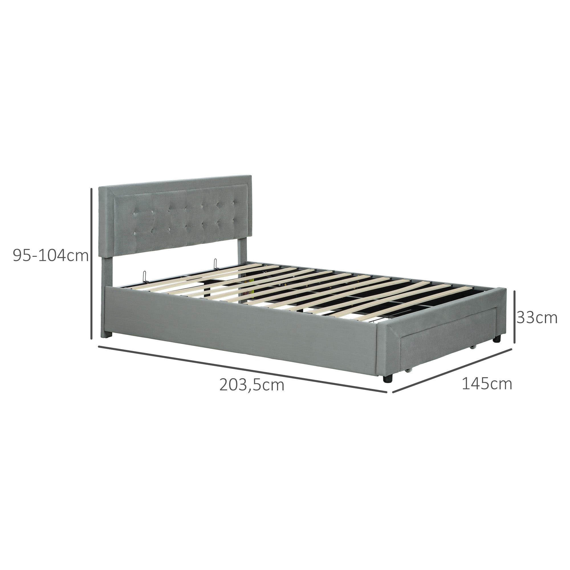 Cadre de lit double 140 x 200 cm pour 2 personnes - levage de gaz, espace de rangement, tiroir à roulettes, tête de lit réglable et sommier à lattes en bois, capitonnée effet velours, gris