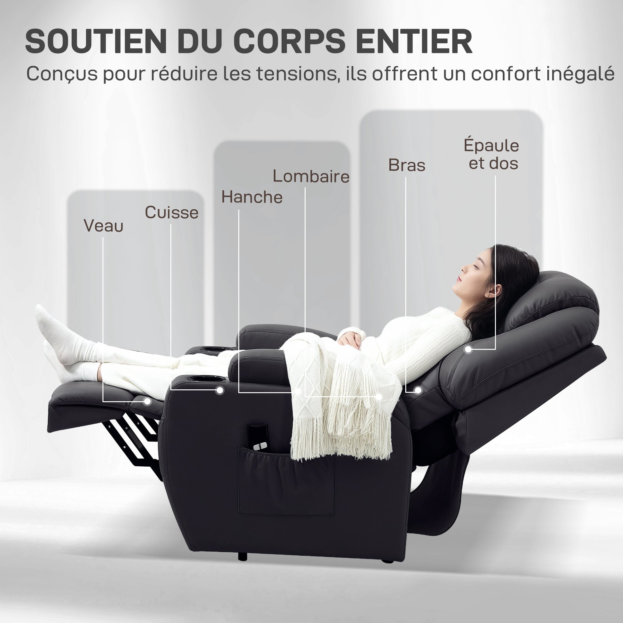 Fauteuil releveur électrique, fauteuil relax électrique avec repose-pied, dossier inclinable, télécommande, poches latérales et porte-gobelet - noir