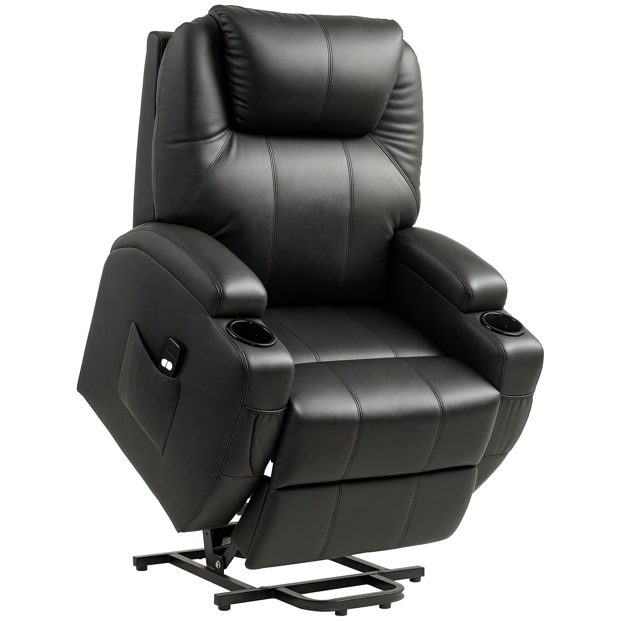 Fauteuil releveur électrique, fauteuil relax électrique avec repose-pied, dossier inclinable, télécommande, poches latérales et porte-gobelet - noir