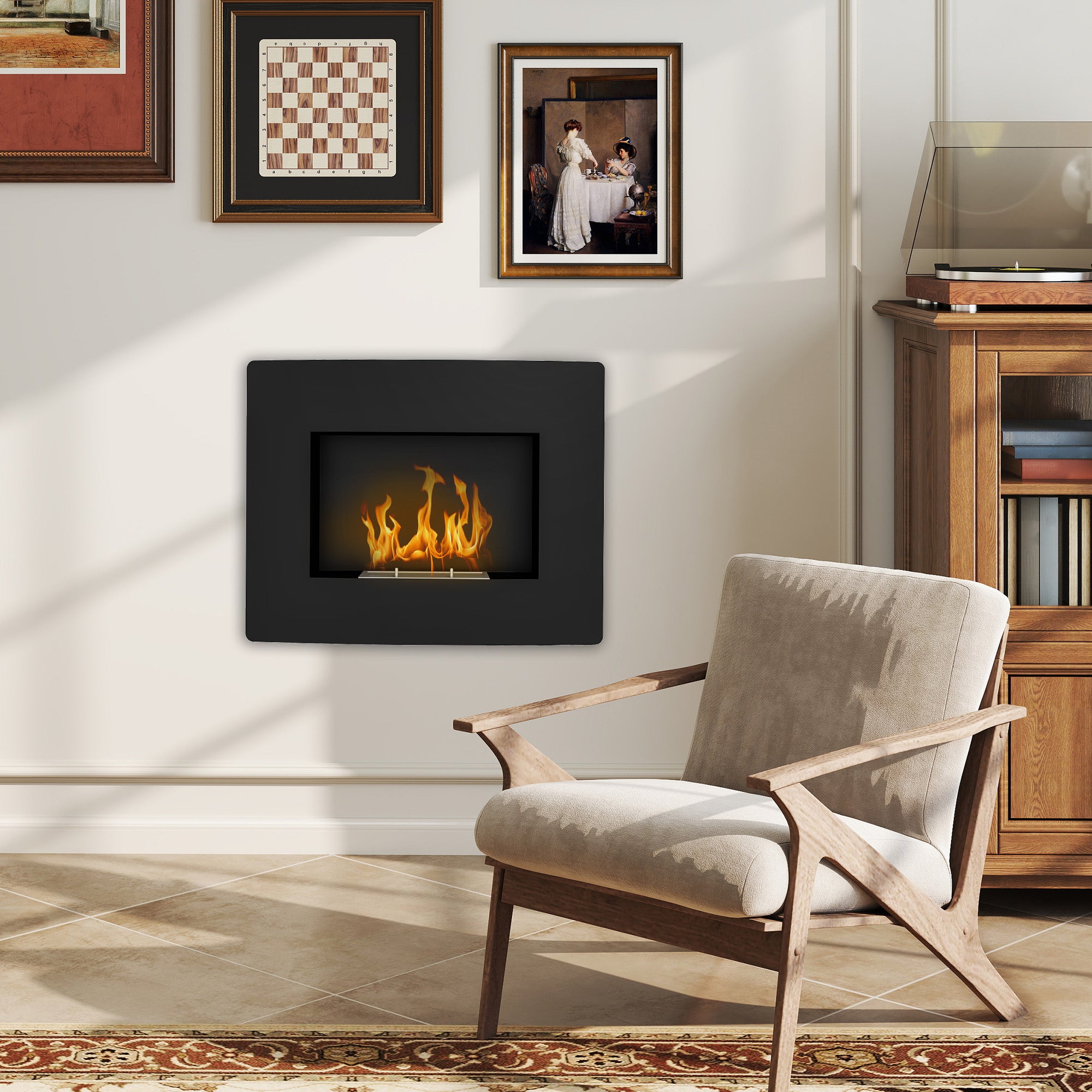 Cheminée bioéthanol encastrable, cheminée à l'éthanol avec volume de 0,9 litre, environ 3,3 h durée de combustion, poêle bioéthanol en acier inoxydable, 66 x 16 x 52 cm, noir