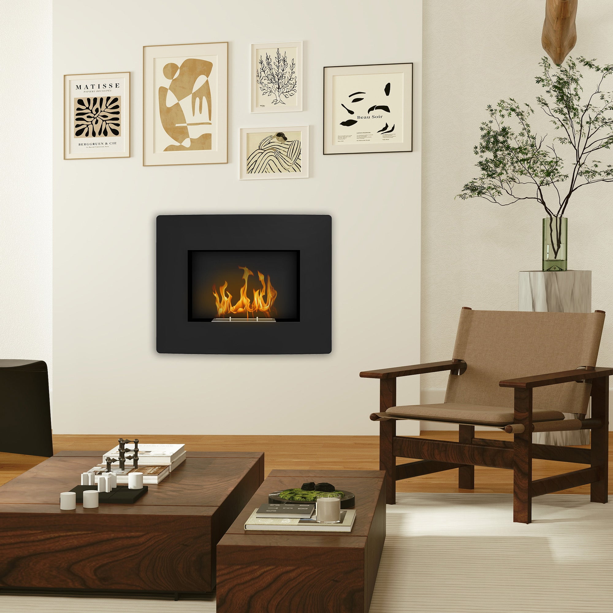 Cheminée bioéthanol encastrable, cheminée à l'éthanol avec volume de 0,9 litre, environ 3,3 h durée de combustion, poêle bioéthanol en acier inoxydable, 66 x 16 x 52 cm, noir