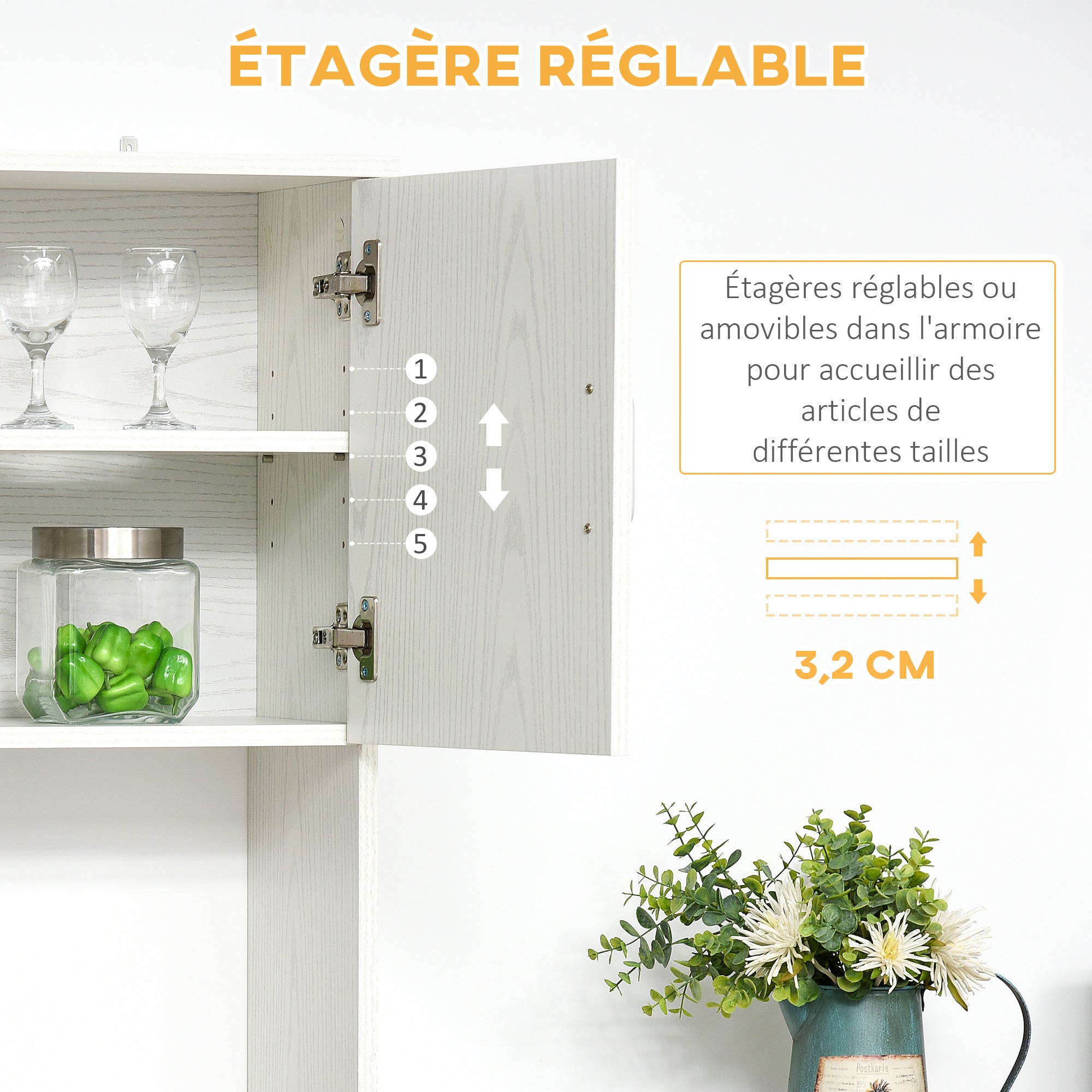 Buffet de cuisine armoire de cuisine multi-rangements 4 portes 1 tiroirs étagère + grand plateau 71 x 41 x 178 cm MDF blanc