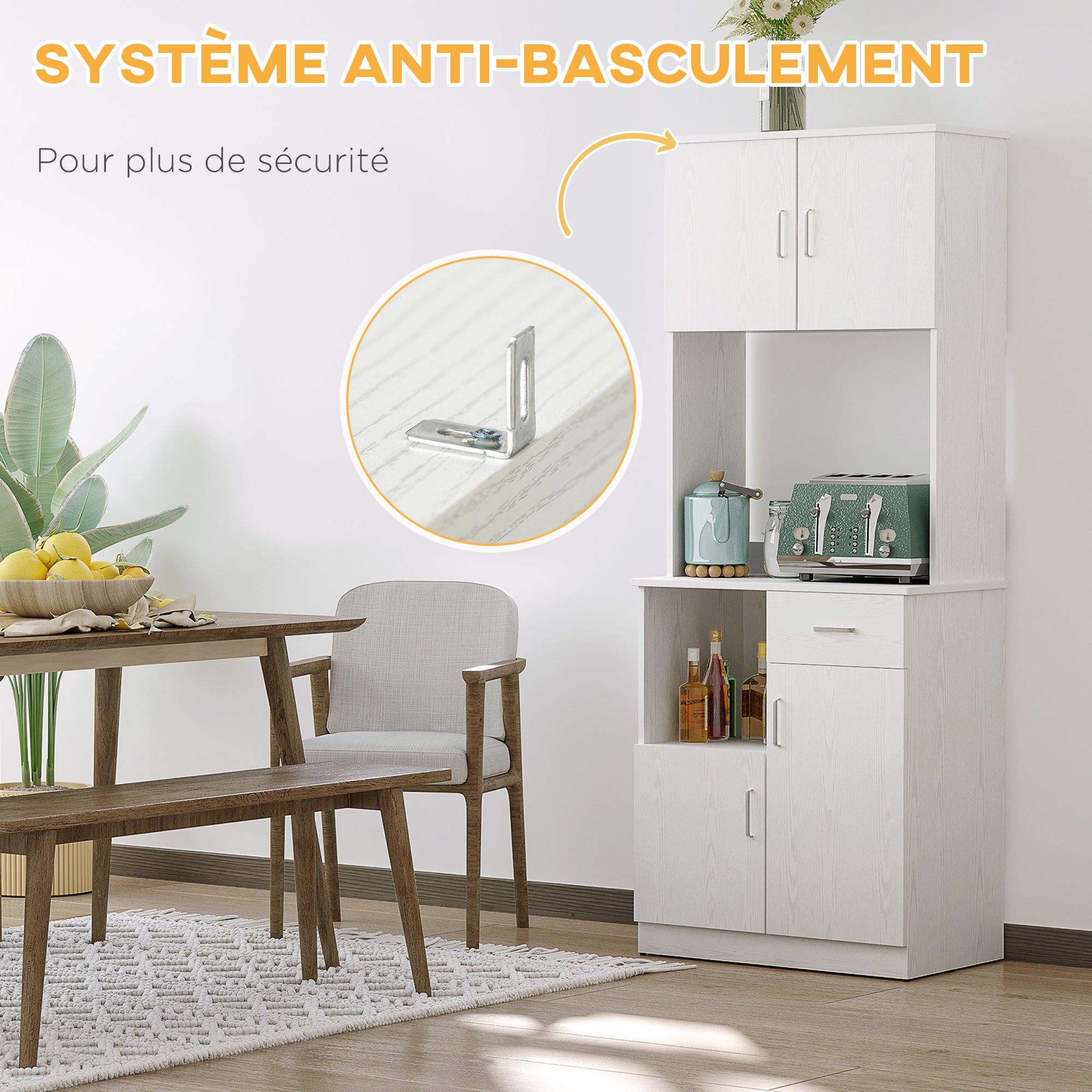 Buffet de cuisine armoire de cuisine multi-rangements 4 portes 1 tiroirs étagère + grand plateau 71 x 41 x 178 cm MDF blanc