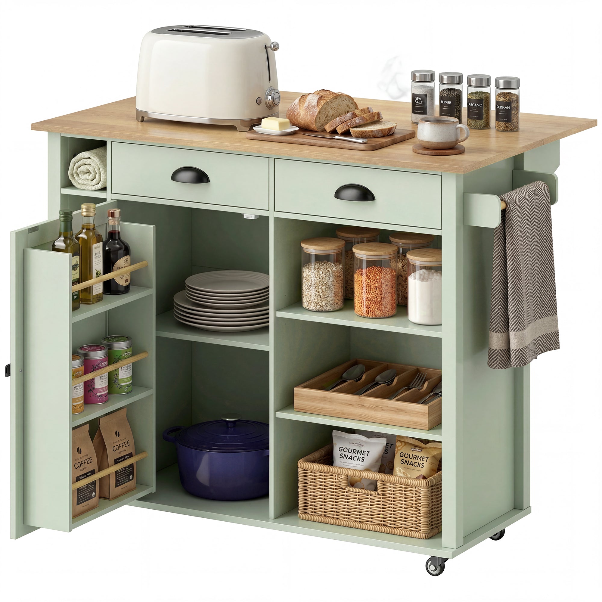 Îlot Central Cuisine avec Plateau Pliant, Desserte de Cuisine sur Roulettes avec Placard, 2 Tiroirs, Porte-Serviettes, Étagère Réglable, Compartimentss ouverts, 117,5 x 70 x 91 cm, Vert Clair