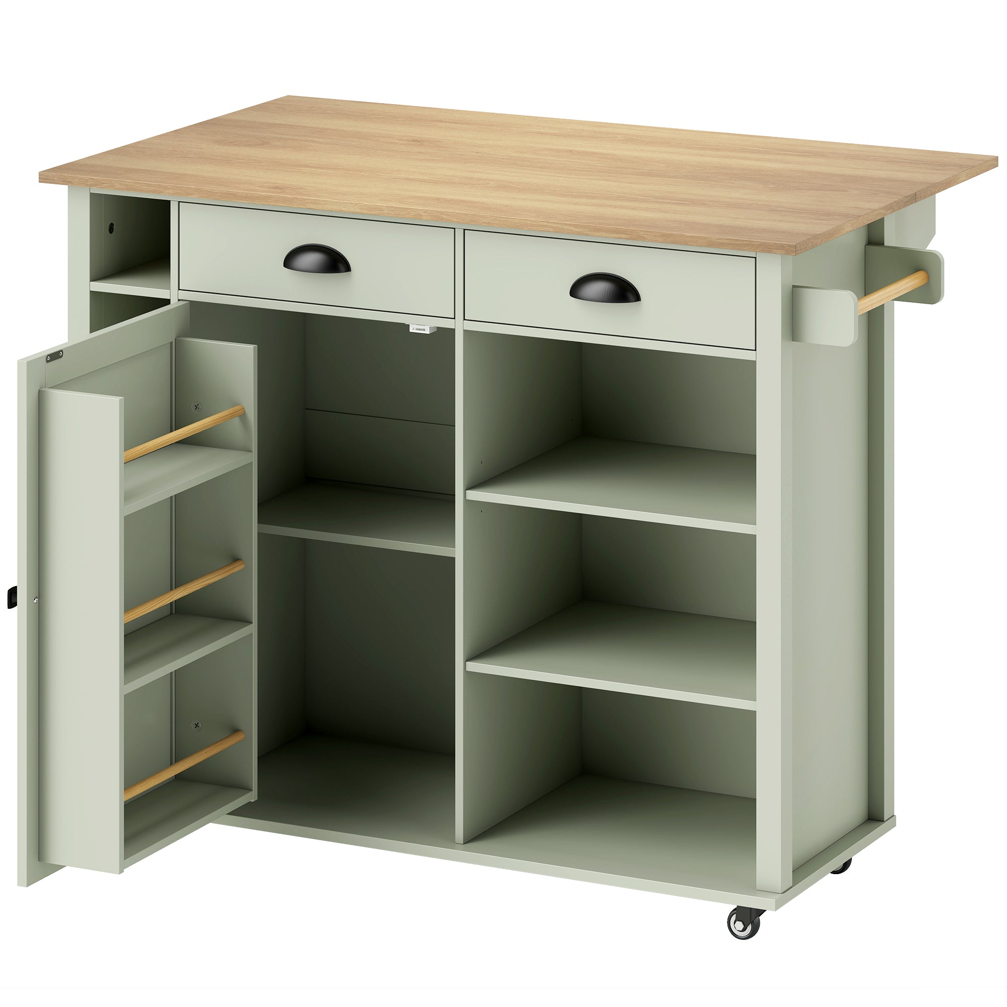 Îlot Central Cuisine avec Plateau Pliant, Desserte de Cuisine sur Roulettes avec Placard, 2 Tiroirs, Porte-Serviettes, Étagère Réglable, Compartimentss ouverts, 117,5 x 70 x 91 cm, Vert Clair