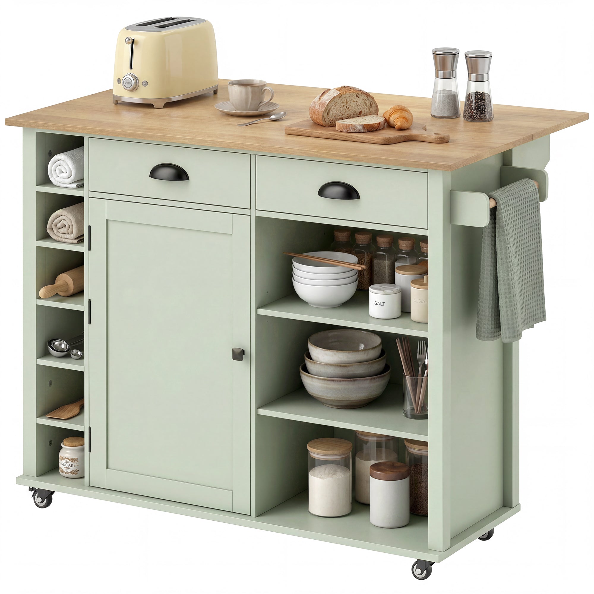 Îlot Central Cuisine avec Plateau Pliant, Desserte de Cuisine sur Roulettes avec Placard, 2 Tiroirs, Porte-Serviettes, Étagère Réglable, Compartimentss ouverts, 117,5 x 70 x 91 cm, Vert Clair