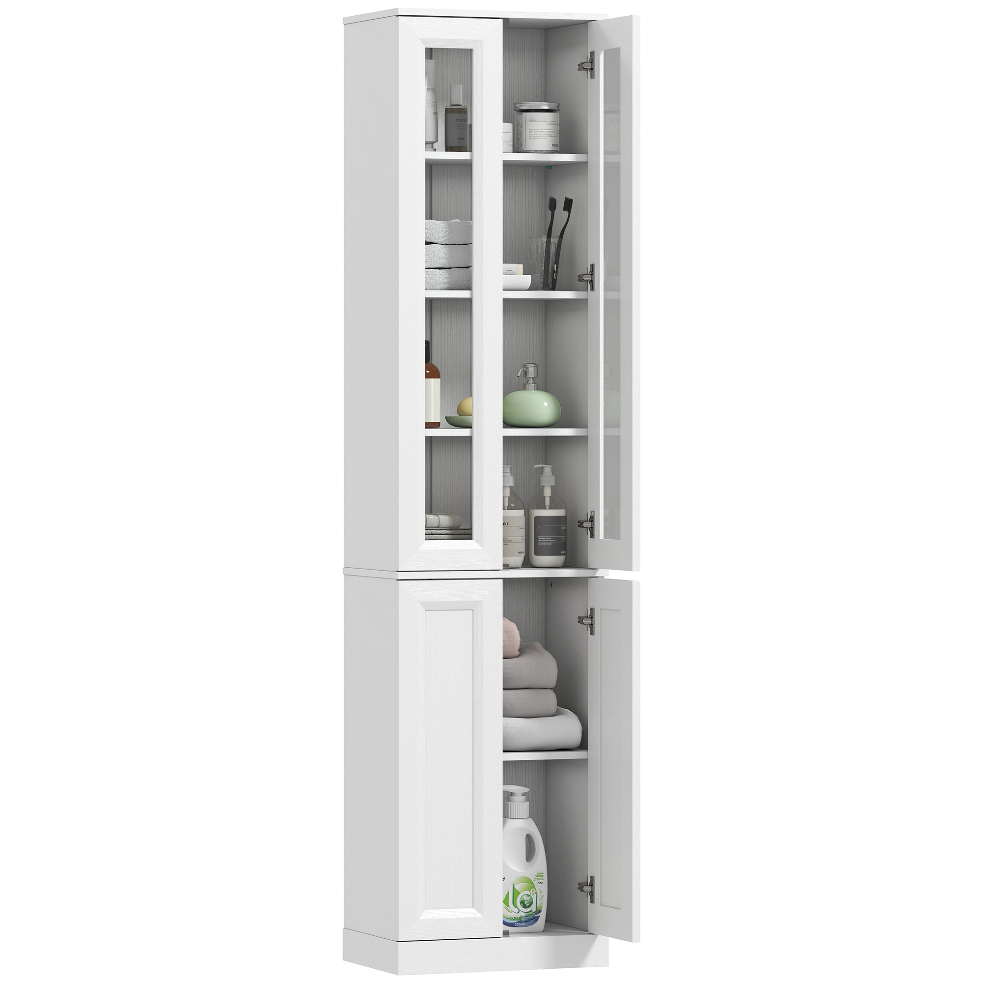 Meuble de Salle de Bain 6 niveaux, Meuble de Rangement, Colonne Salle de Bain, 4 Portes à Fermeture Douce dont 2 Acrylique, Étagères Réglables, pour Salon, Chambre, Buanderie, 38x26x160cm Blanc