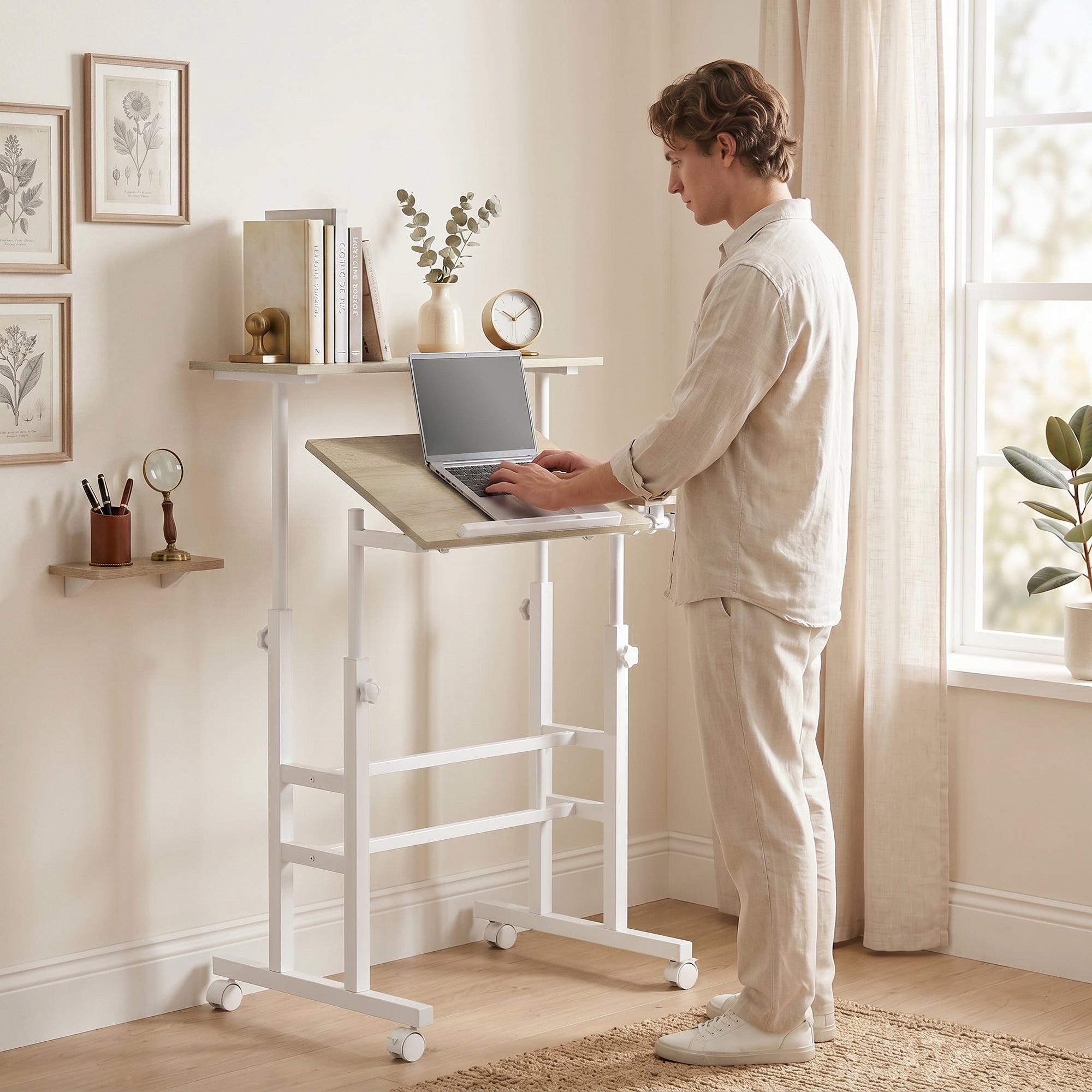 Bureau assis debout, bureau réglable en hauteur 70 x 60 cm, table ordinateur à roulettes avec plateau inclinable, poste de travail pour chambre, petits espaces, marron