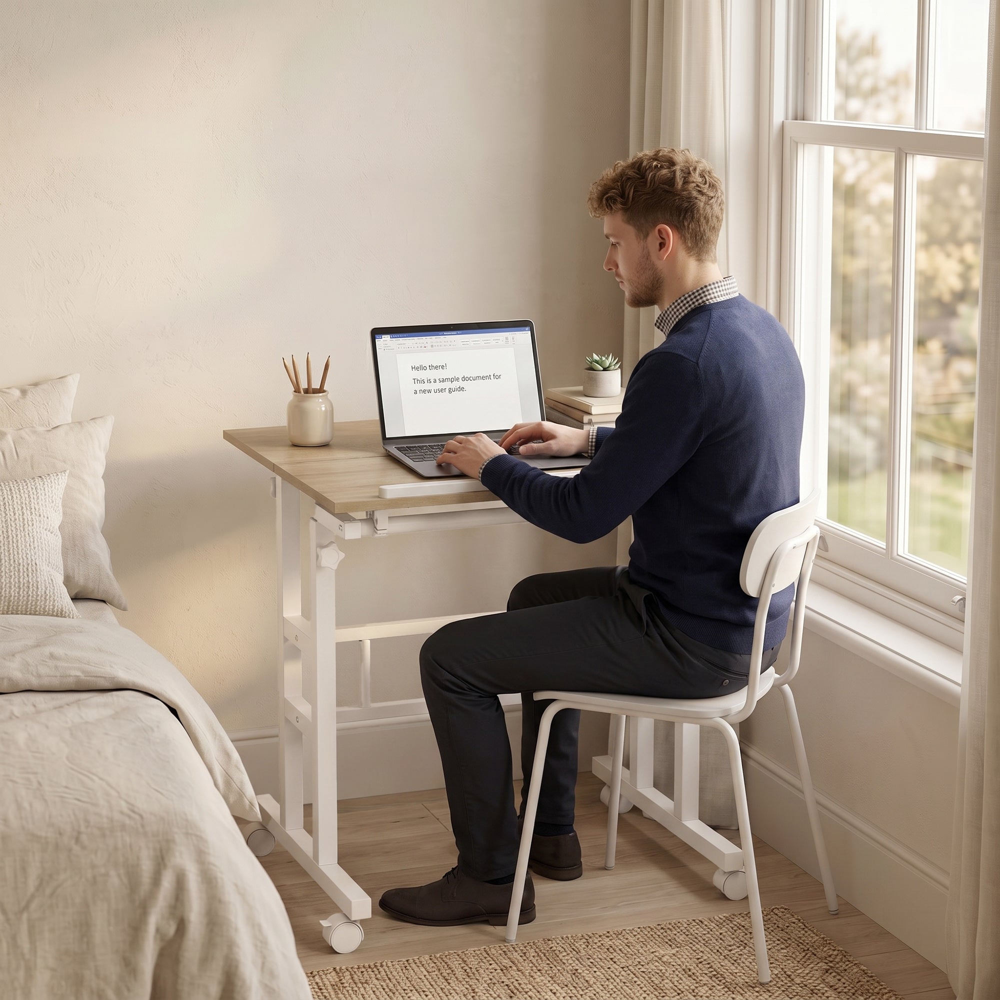 Bureau assis debout, bureau réglable en hauteur 70 x 60 cm, table ordinateur à roulettes avec plateau inclinable, poste de travail pour chambre, petits espaces, marron