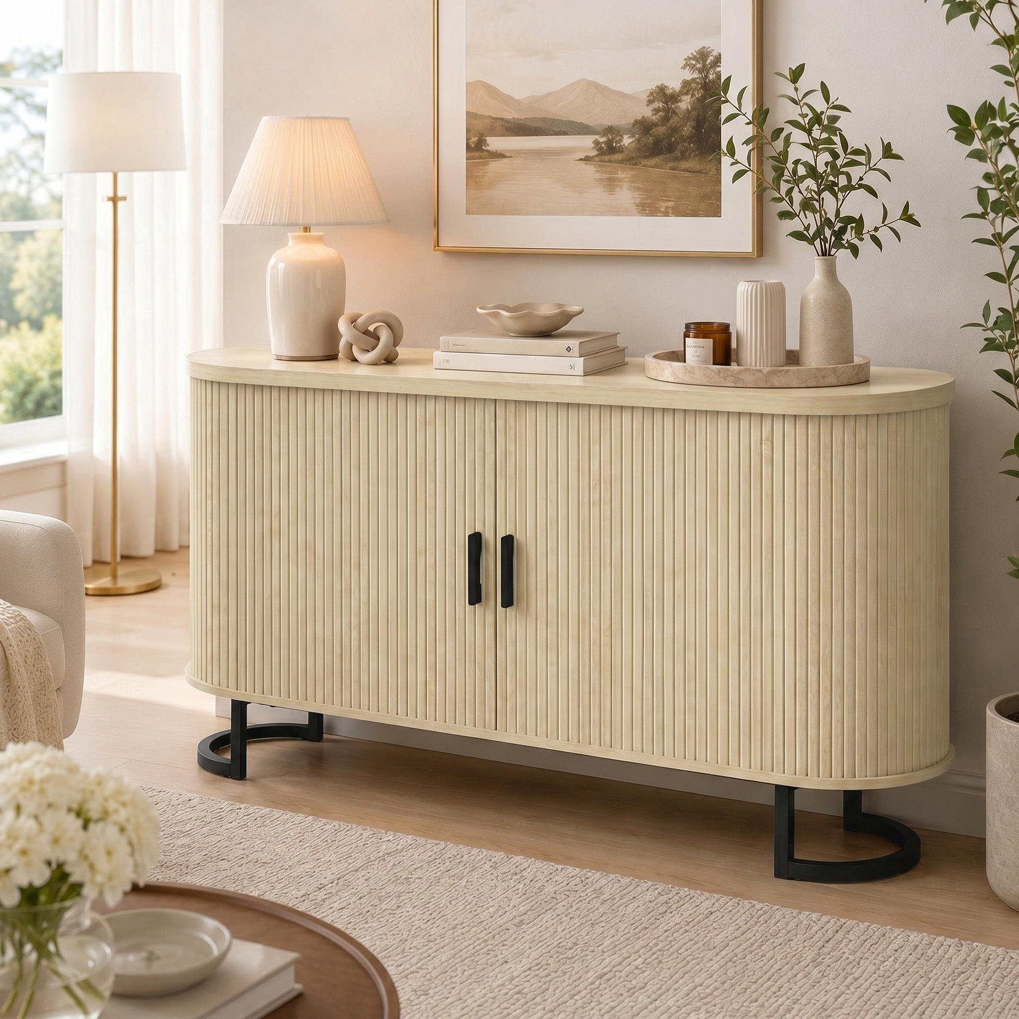 Buffet salon, meuble de rangement ovale avec 2 portes coulissantes et étagères réglables, meuble TV jusqu'à 60 pouces, style moderne, buffet salle à manger et cuisine, 140x40x75cm, bois naturel