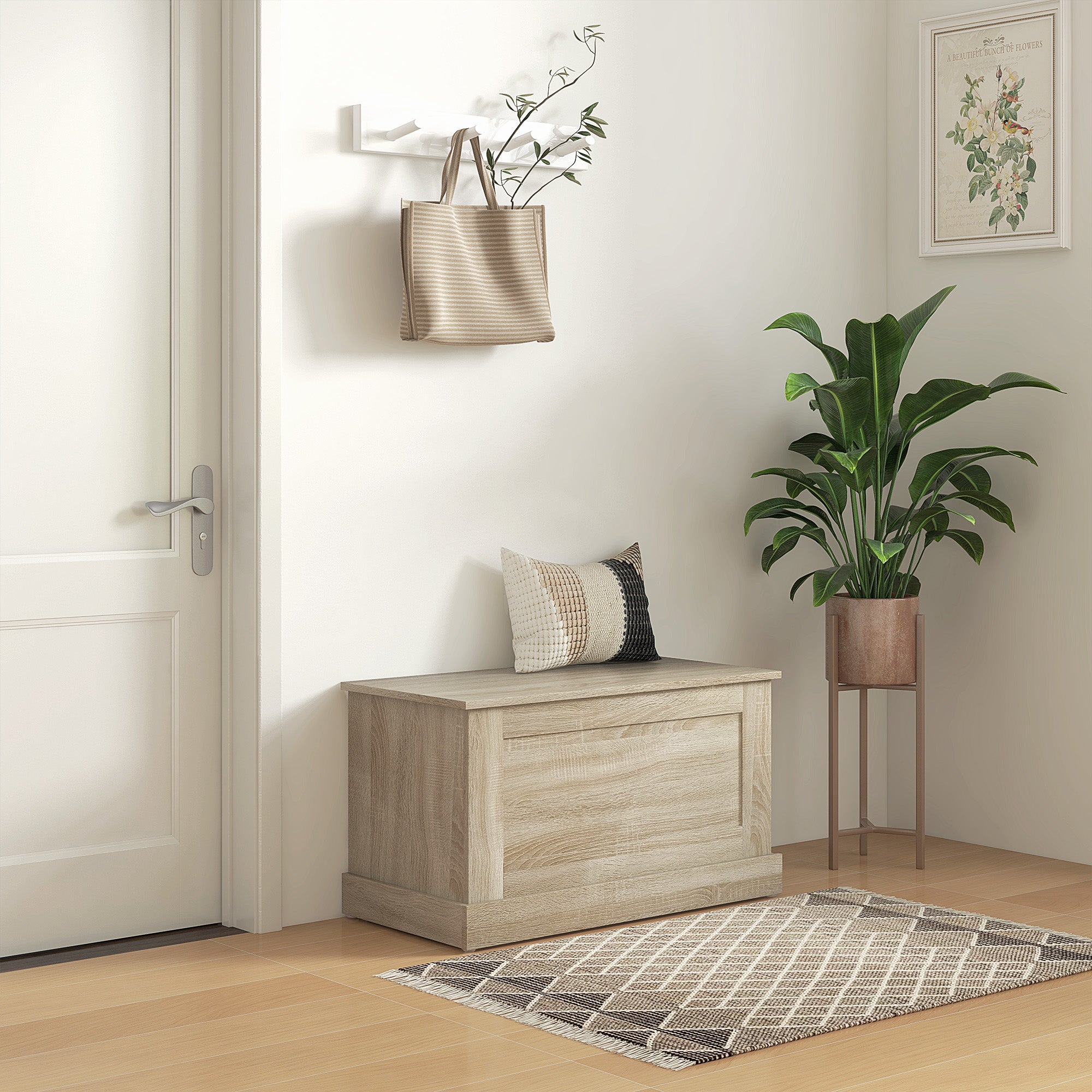 Coffre de rangement, coffre à jouets en bois, avec charnière de sécurité, pour salon, entrée, 80 x 40 x 45 cm, bois naturel