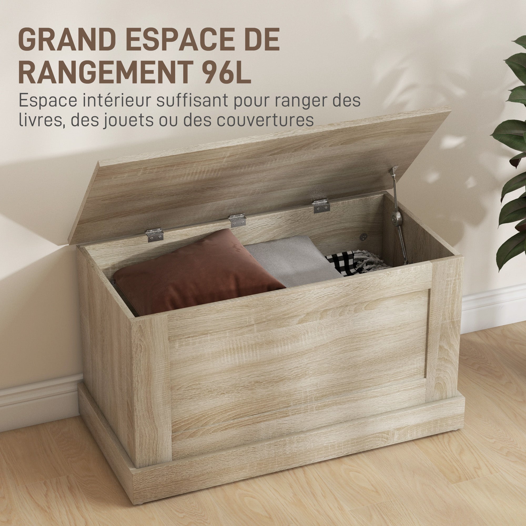 Coffre de rangement, coffre à jouets en bois, avec charnière de sécurité, pour salon, entrée, 80 x 40 x 45 cm, bois naturel