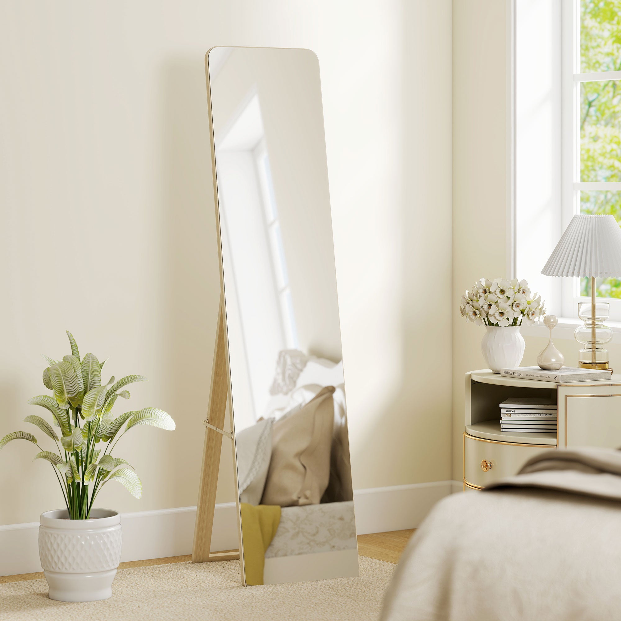 Grand miroir pleine longueur rectangulaire, 37 x 160 cm - miroir sur pied ou mural - pour chambre à coucher, salon et dressing, bois naturel