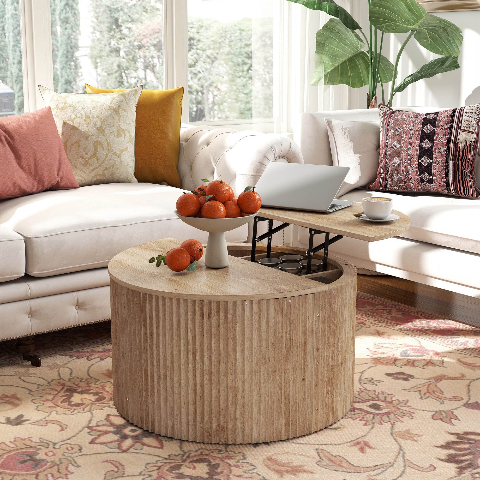 Table basse relevable, table de salon avec compartiment caché et plateau à fermeture douce, style moderne, pour salon, bureau, 80 x 80 x 42 cm, bois naturel