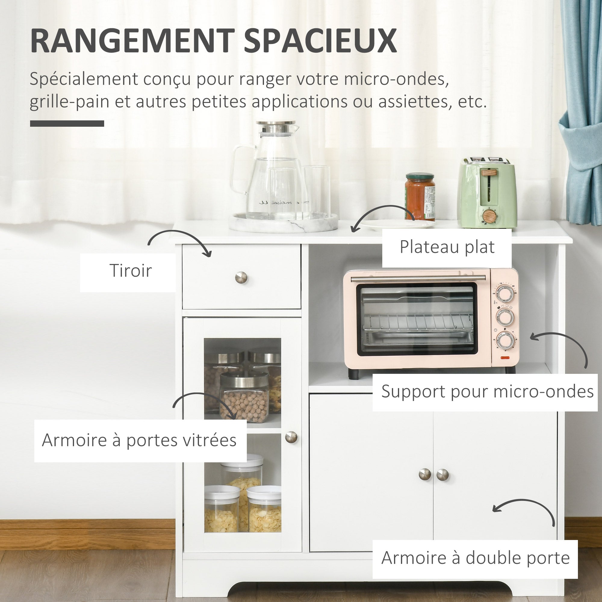 Meuble micro-ondes, buffet cuisine, armoire de rangement, pour cuisine, salle à Manger 90 x 40 x 82 cm verre trempé et bois, blanc