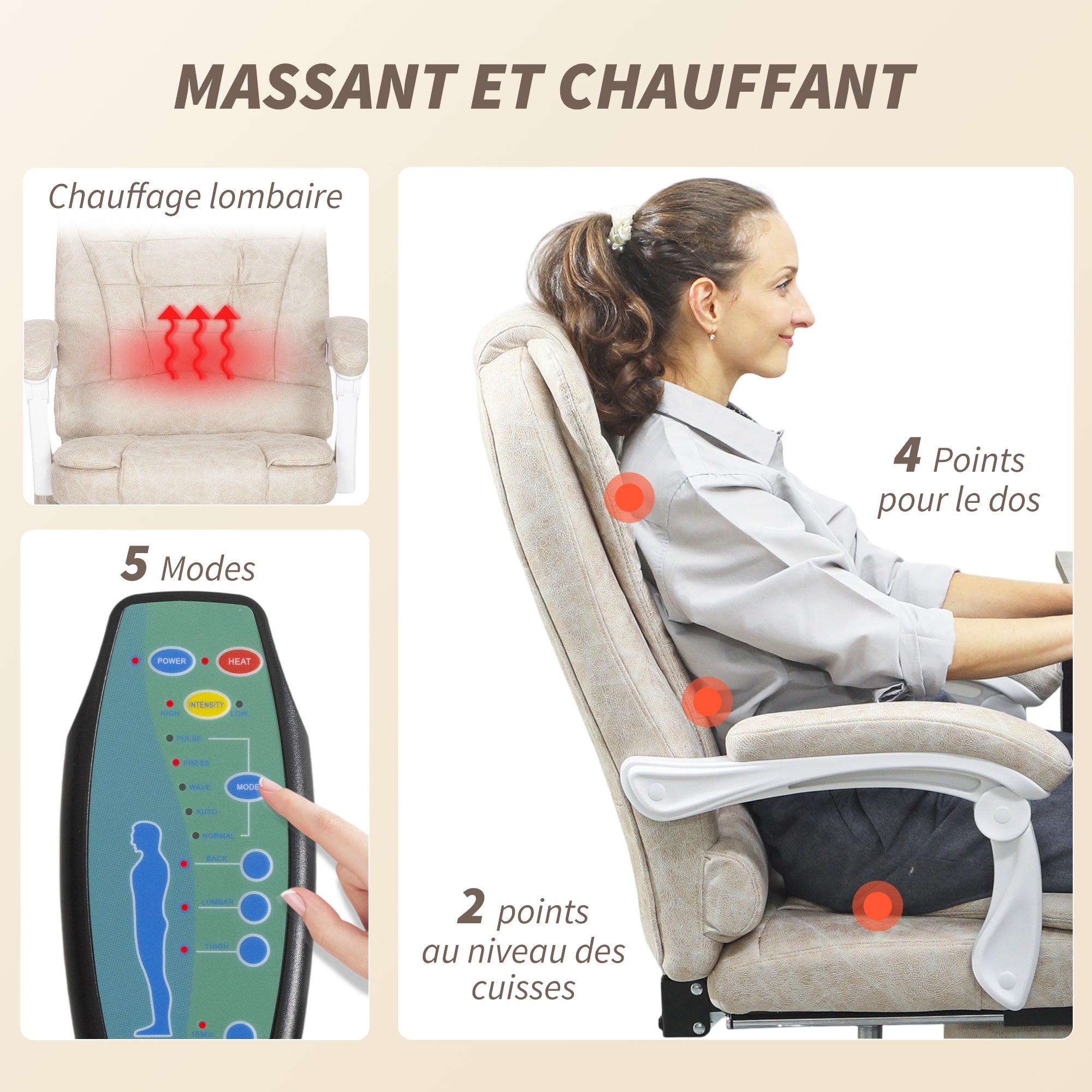Fauteuil de bureau massant et chauffant, chaise de bureau ergonomique hauteur réglable, dossier inclinable, repose-pieds, télécommande filaire, pivotant 360°, tissu en microfibre, crème