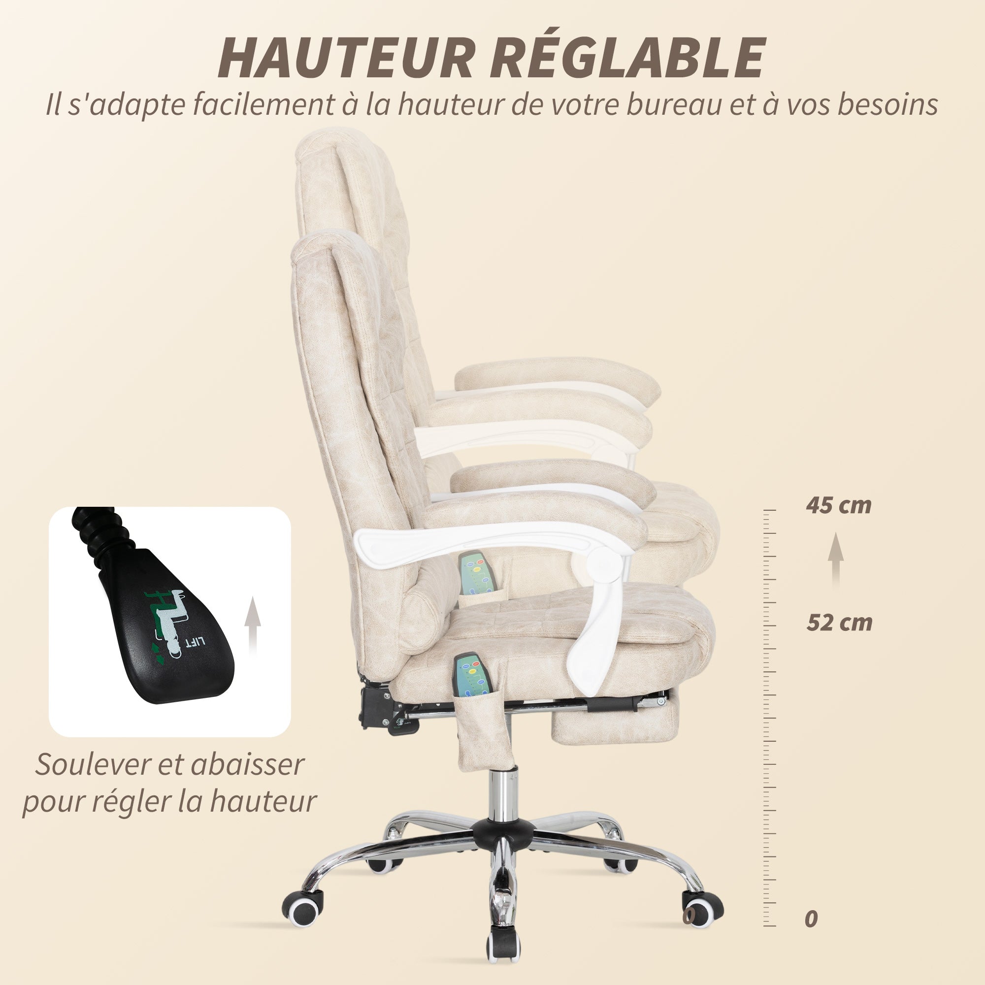 Fauteuil de bureau massant et chauffant, chaise de bureau ergonomique hauteur réglable, dossier inclinable, repose-pieds, télécommande filaire, pivotant 360°, tissu en microfibre, crème