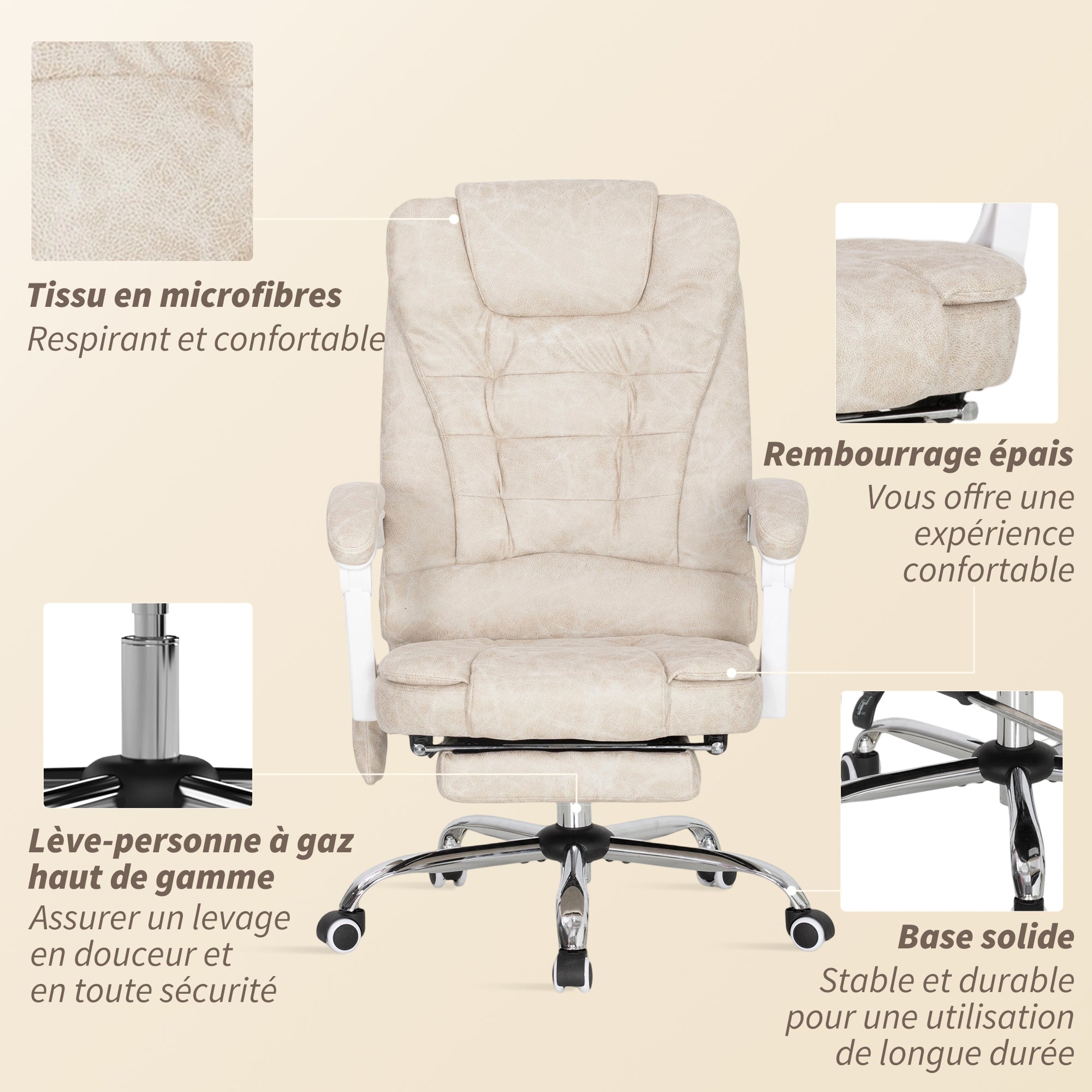 Fauteuil de bureau massant et chauffant, chaise de bureau ergonomique hauteur réglable, dossier inclinable, repose-pieds, télécommande filaire, pivotant 360°, tissu en microfibre, crème
