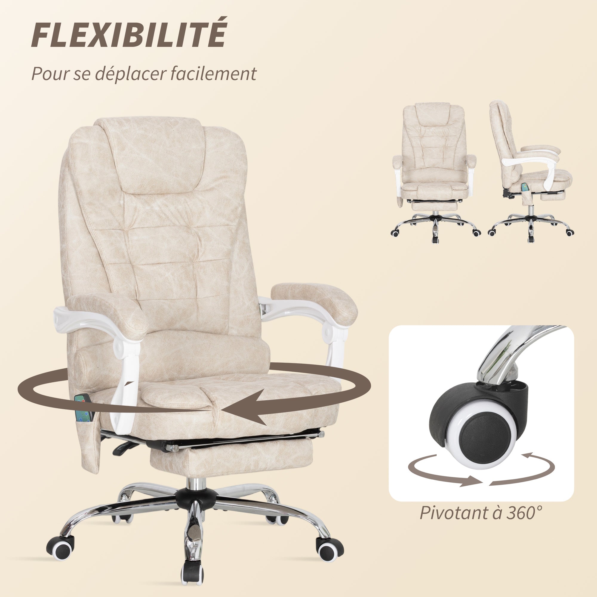 Fauteuil de bureau massant et chauffant, chaise de bureau ergonomique hauteur réglable, dossier inclinable, repose-pieds, télécommande filaire, pivotant 360°, tissu en microfibre, crème
