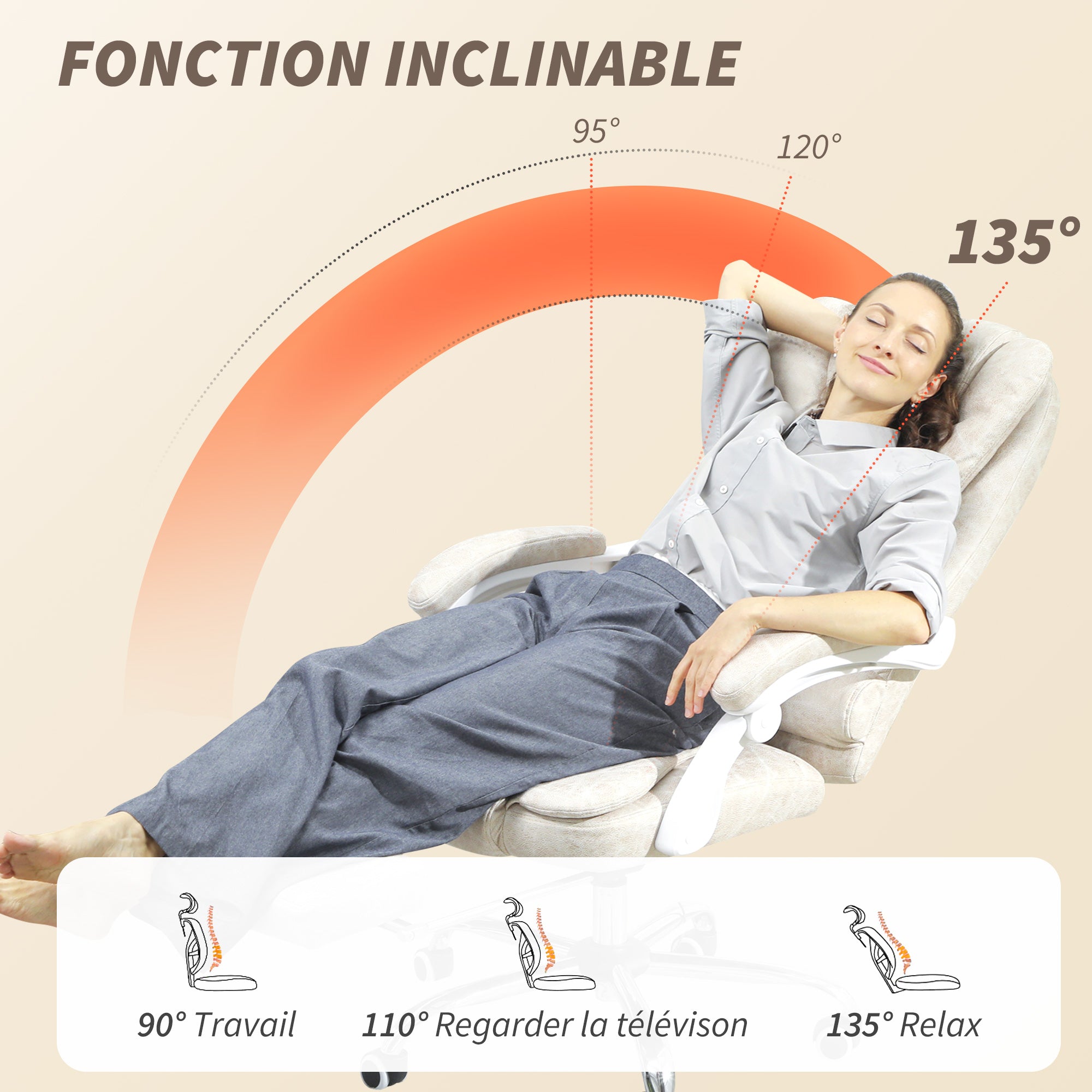 Fauteuil de bureau massant et chauffant, chaise de bureau ergonomique hauteur réglable, dossier inclinable, repose-pieds, télécommande filaire, pivotant 360°, tissu en microfibre, crème