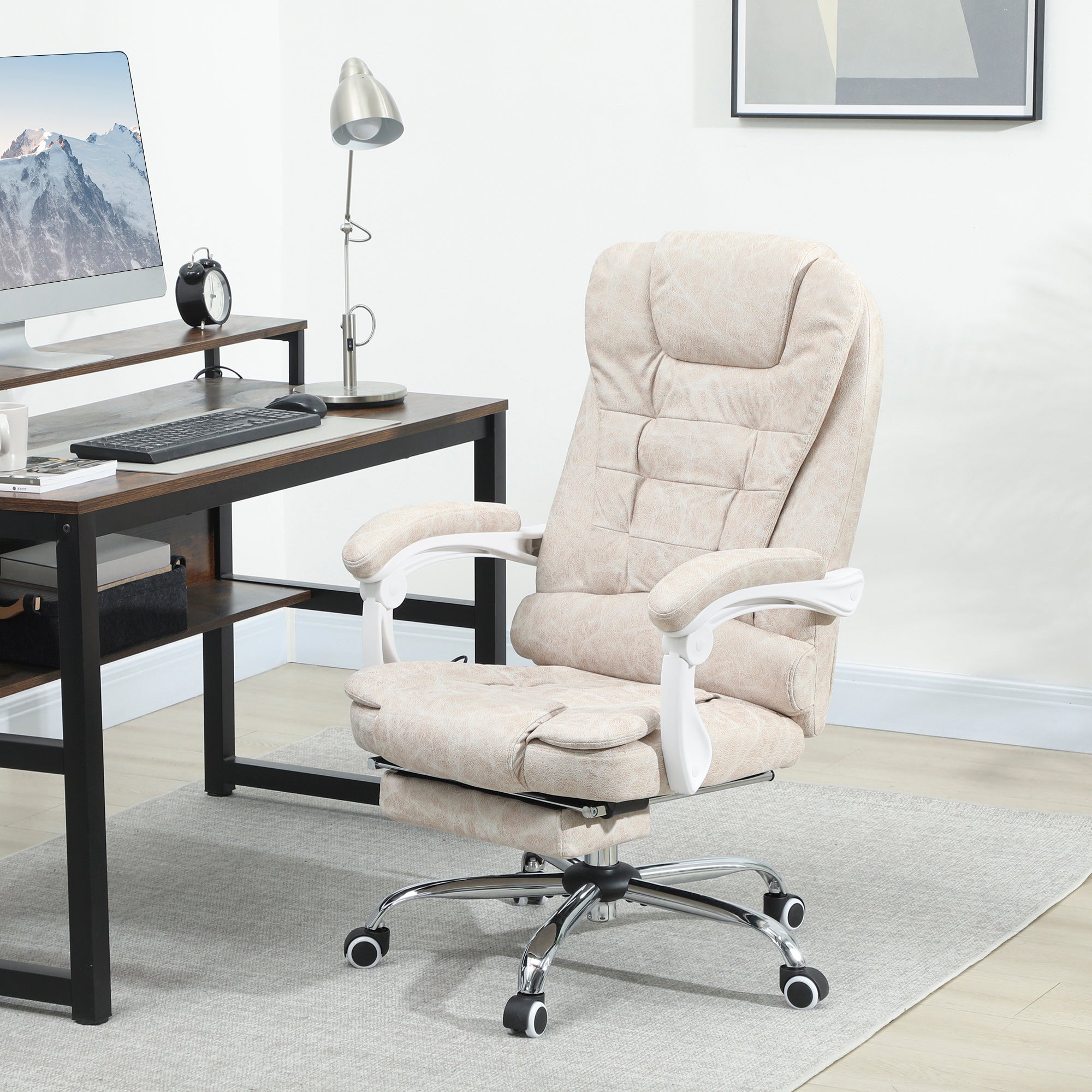 Fauteuil de bureau massant et chauffant, chaise de bureau ergonomique hauteur réglable, dossier inclinable, repose-pieds, télécommande filaire, pivotant 360°, tissu en microfibre, crème
