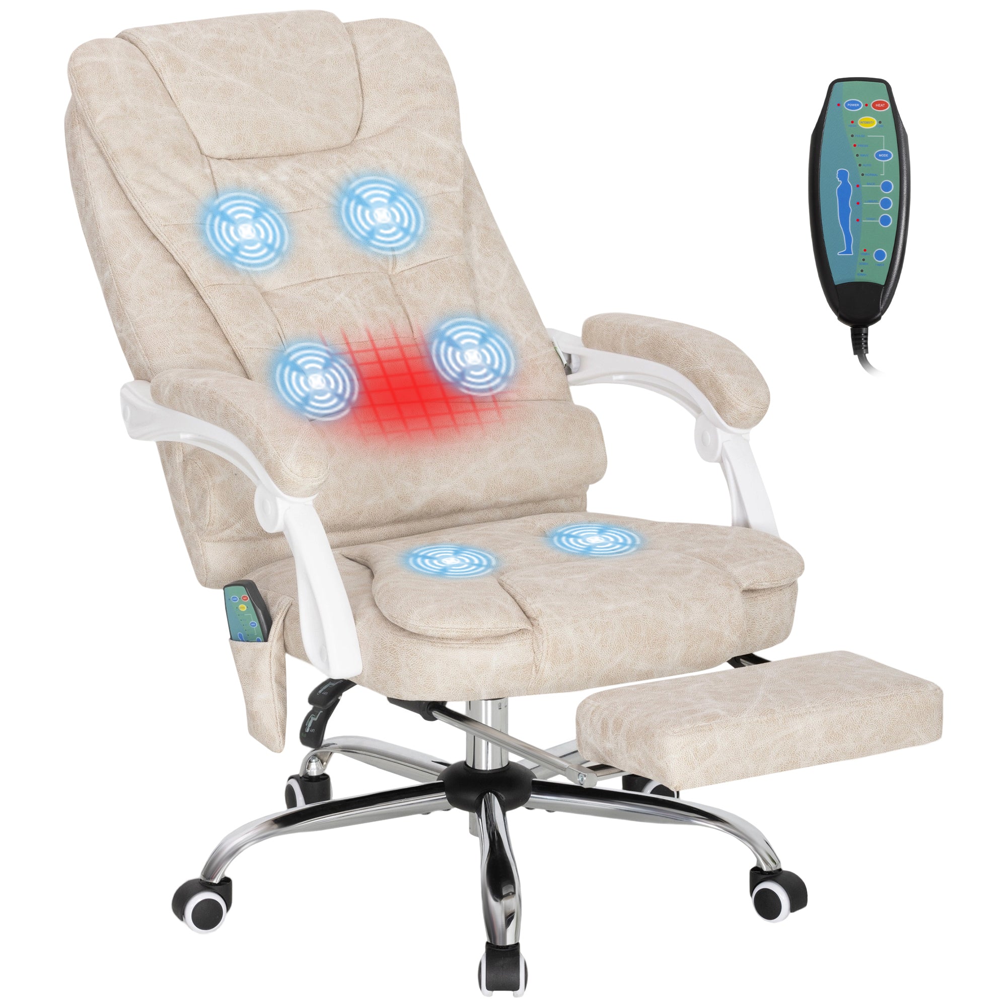 Fauteuil de bureau massant et chauffant, chaise de bureau ergonomique hauteur réglable, dossier inclinable, repose-pieds, télécommande filaire, pivotant 360°, tissu en microfibre, crème