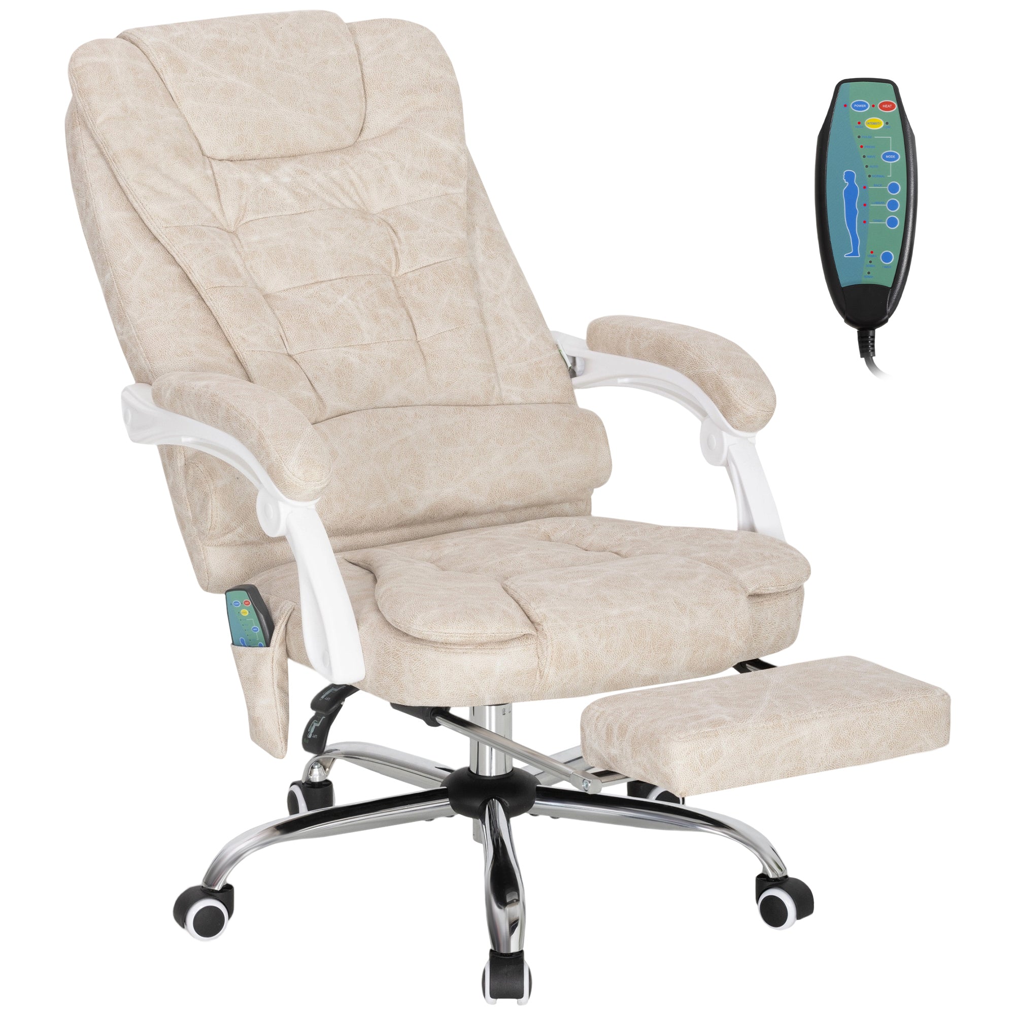 Fauteuil de bureau massant et chauffant, chaise de bureau ergonomique hauteur réglable, dossier inclinable, repose-pieds, télécommande filaire, pivotant 360°, tissu en microfibre, crème