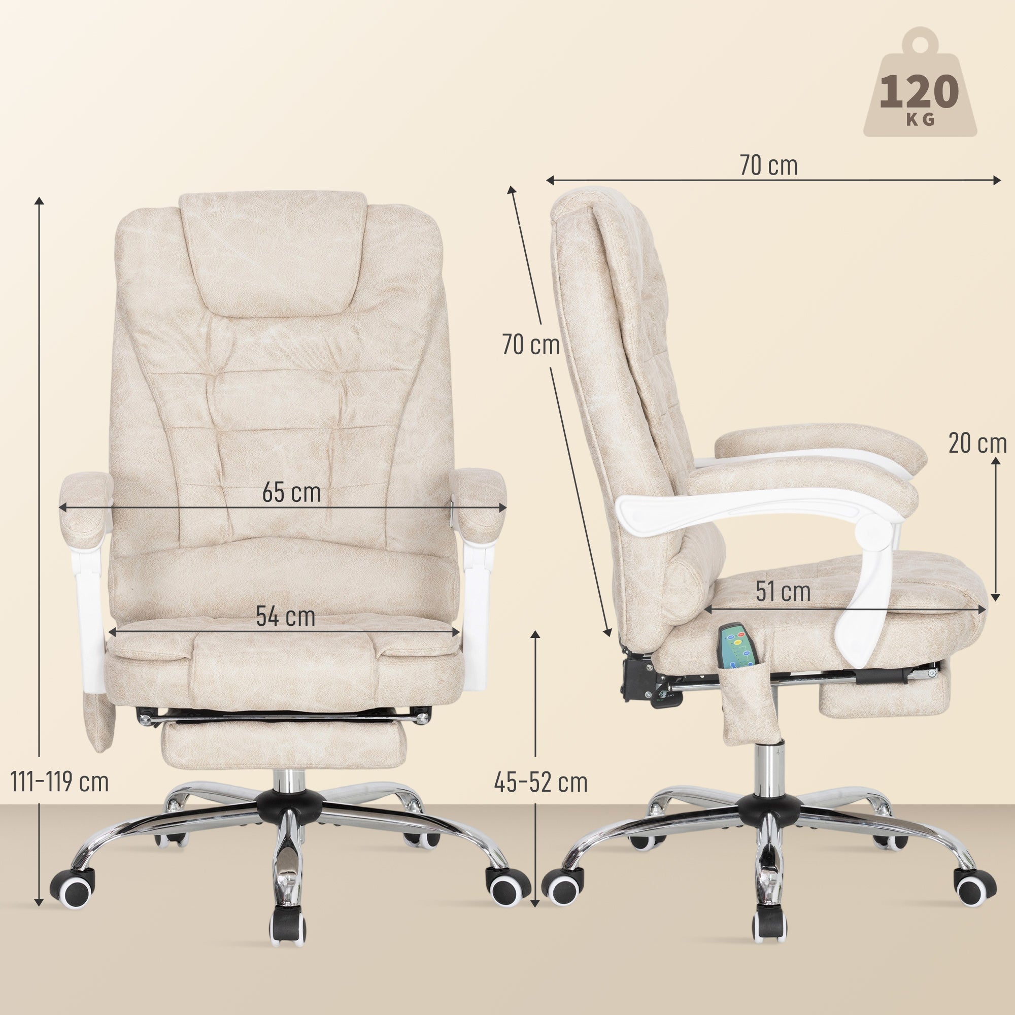Fauteuil de bureau massant et chauffant, chaise de bureau ergonomique hauteur réglable, dossier inclinable, repose-pieds, télécommande filaire, pivotant 360°, tissu en microfibre, crème