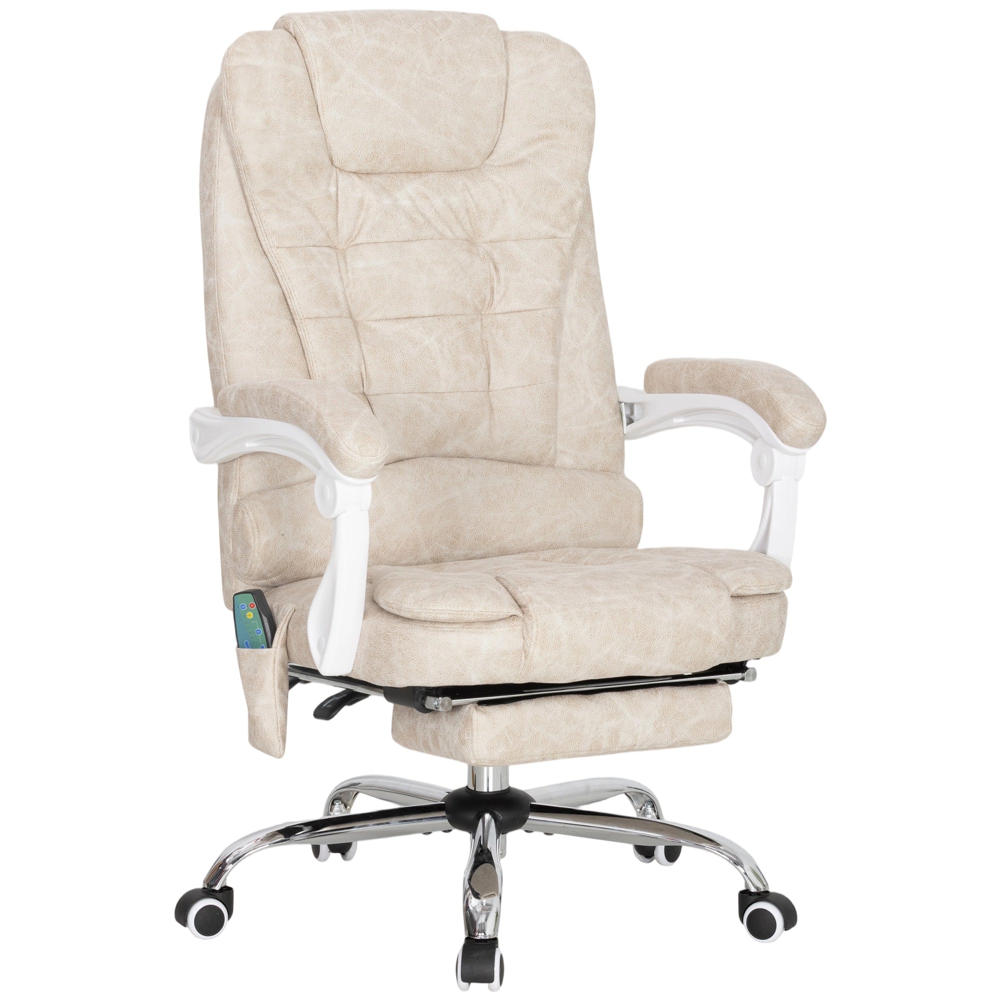 Fauteuil de bureau massant et chauffant, chaise de bureau ergonomique hauteur réglable, dossier inclinable, repose-pieds, télécommande filaire, pivotant 360°, tissu en microfibre, crème