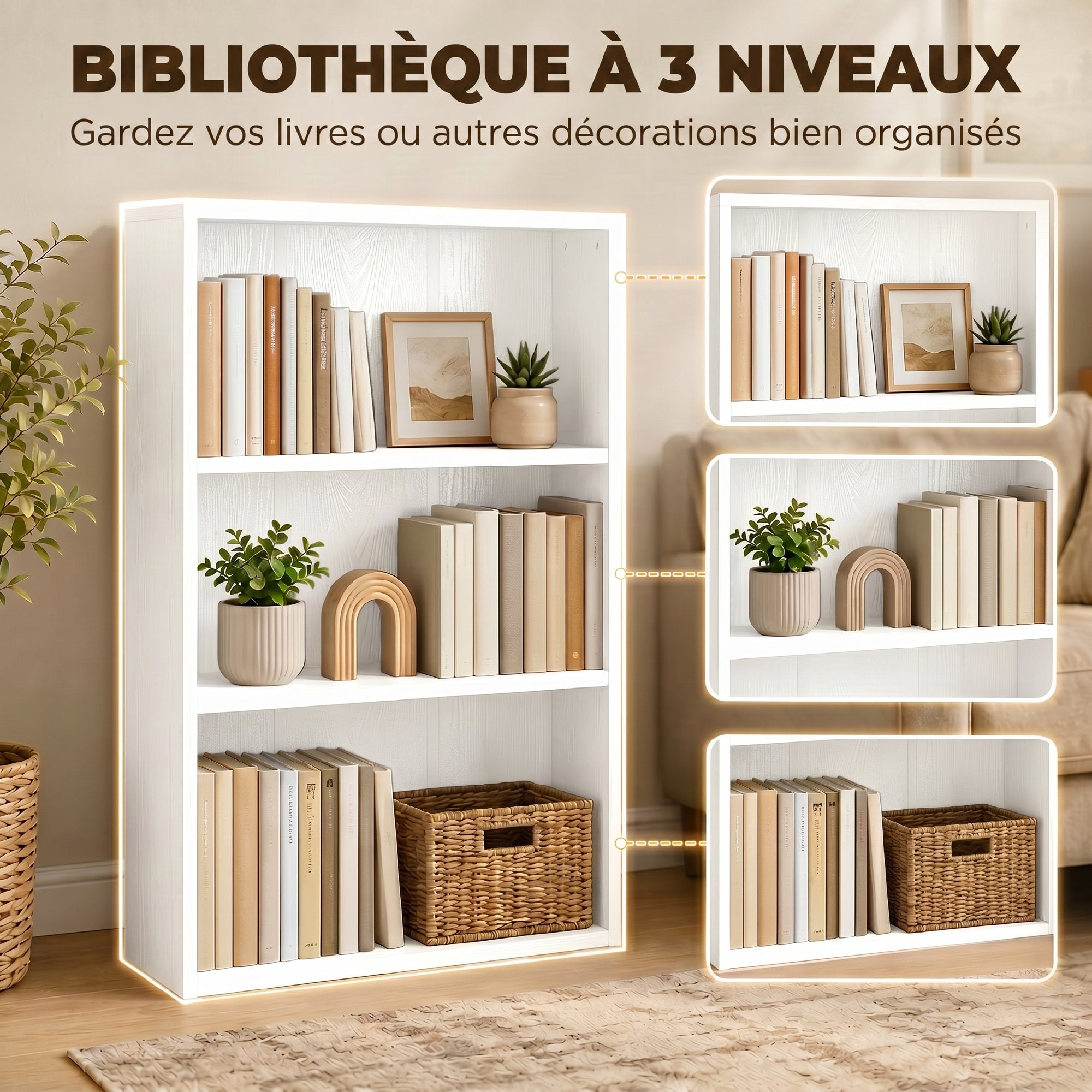 Bibliothèque étagère de rangement avec 3 compartiments et étagère réglable, meuble de rangement pour bureau, salon, chambre, 60 x 24 x 93 cm, blanc