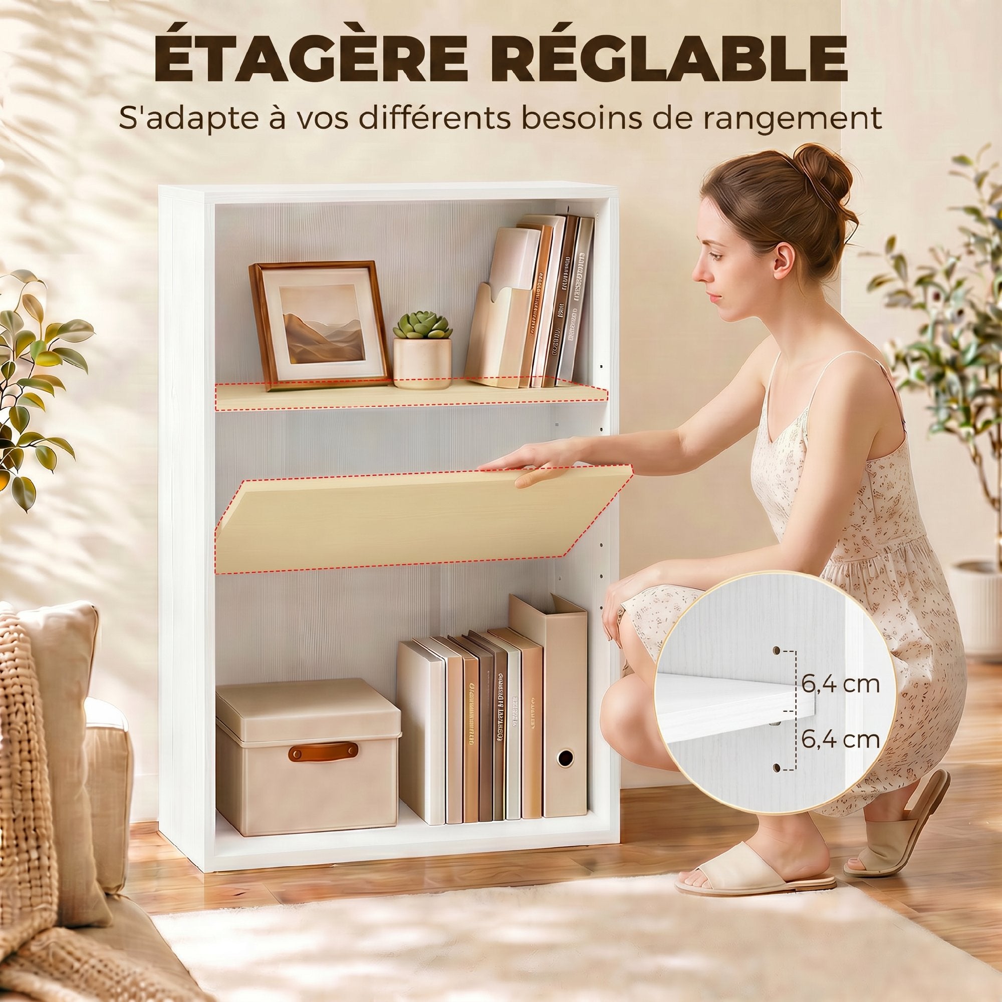 Bibliothèque étagère de rangement avec 3 compartiments et étagère réglable, meuble de rangement pour bureau, salon, chambre, 60 x 24 x 93 cm, blanc