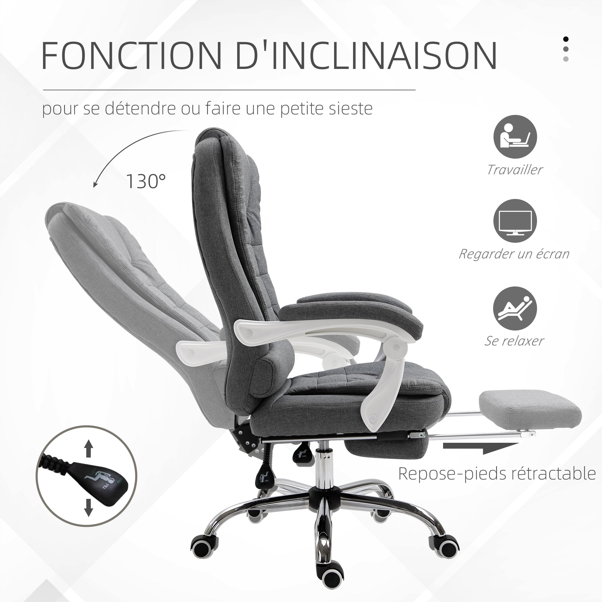Fauteuil de bureau ergonomique, chaise de bureau avec repose-pied, dossier inclinable, accoudoirs rembourrés, en tissu aspect lin gris