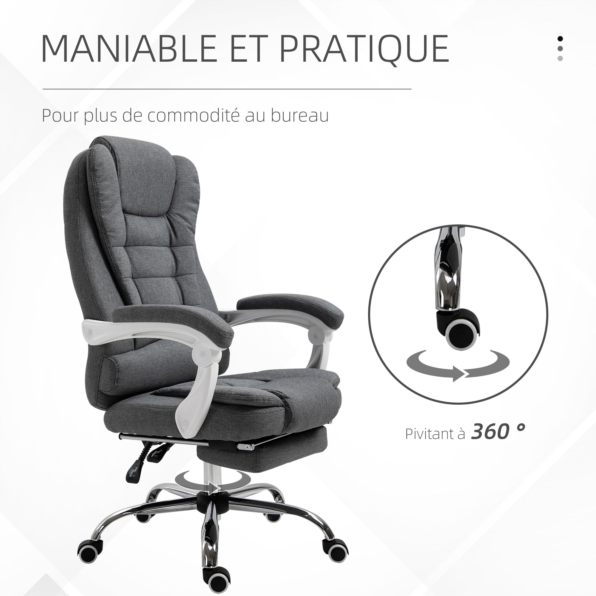Fauteuil de bureau ergonomique, chaise de bureau avec repose-pied, dossier inclinable, accoudoirs rembourrés, en tissu aspect lin gris