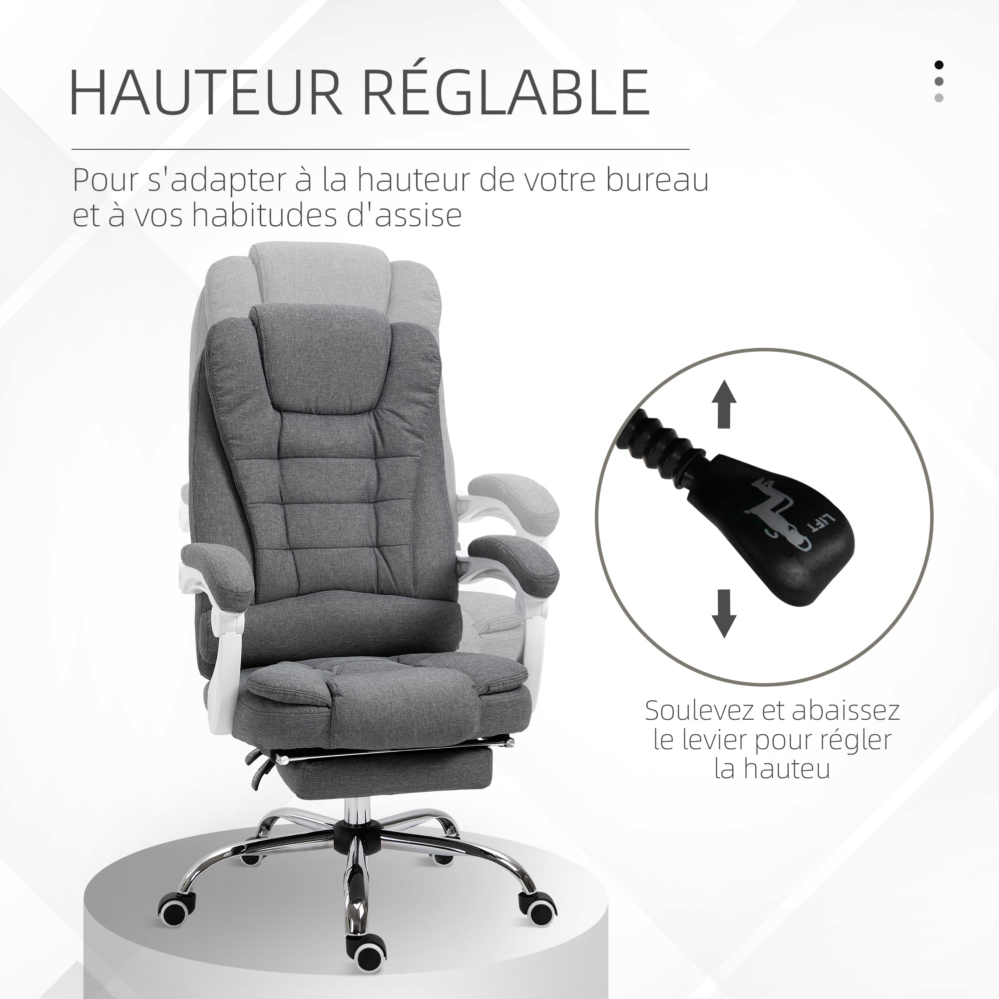 Fauteuil de bureau ergonomique, chaise de bureau avec repose-pied, dossier inclinable, accoudoirs rembourrés, en tissu aspect lin gris