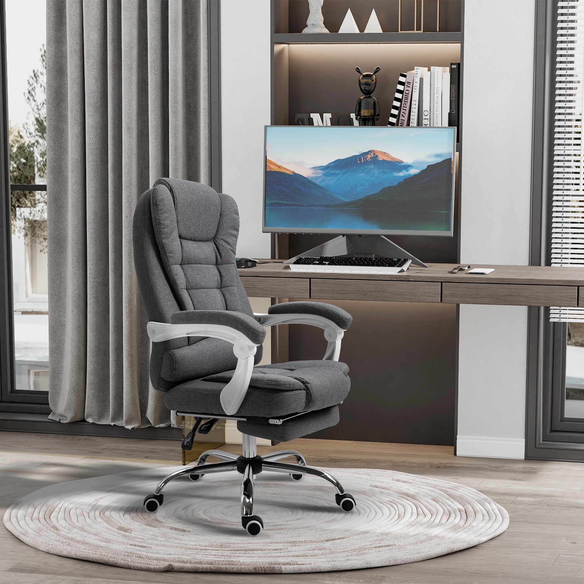 Fauteuil de bureau ergonomique, chaise de bureau avec repose-pied, dossier inclinable, accoudoirs rembourrés, en tissu aspect lin gris
