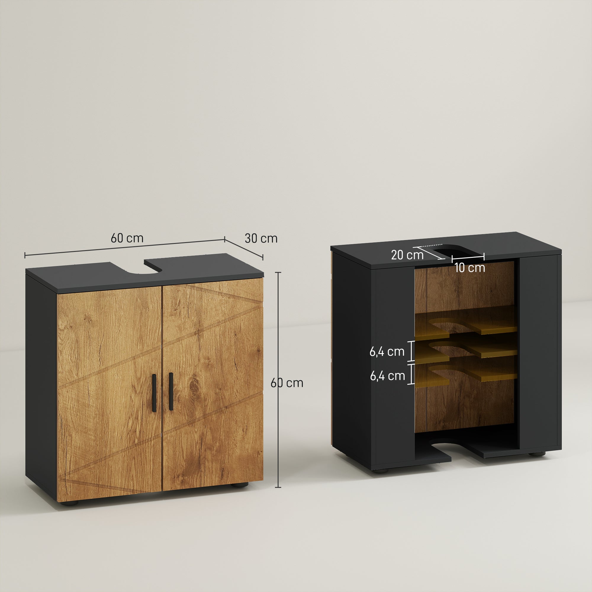 Meuble sous lavabo meuble de salle de bain 2 portes avec étagère réglable armoire de rangement pour vasque 60 x 30 x 60 cm gris anthracite et aspect bois