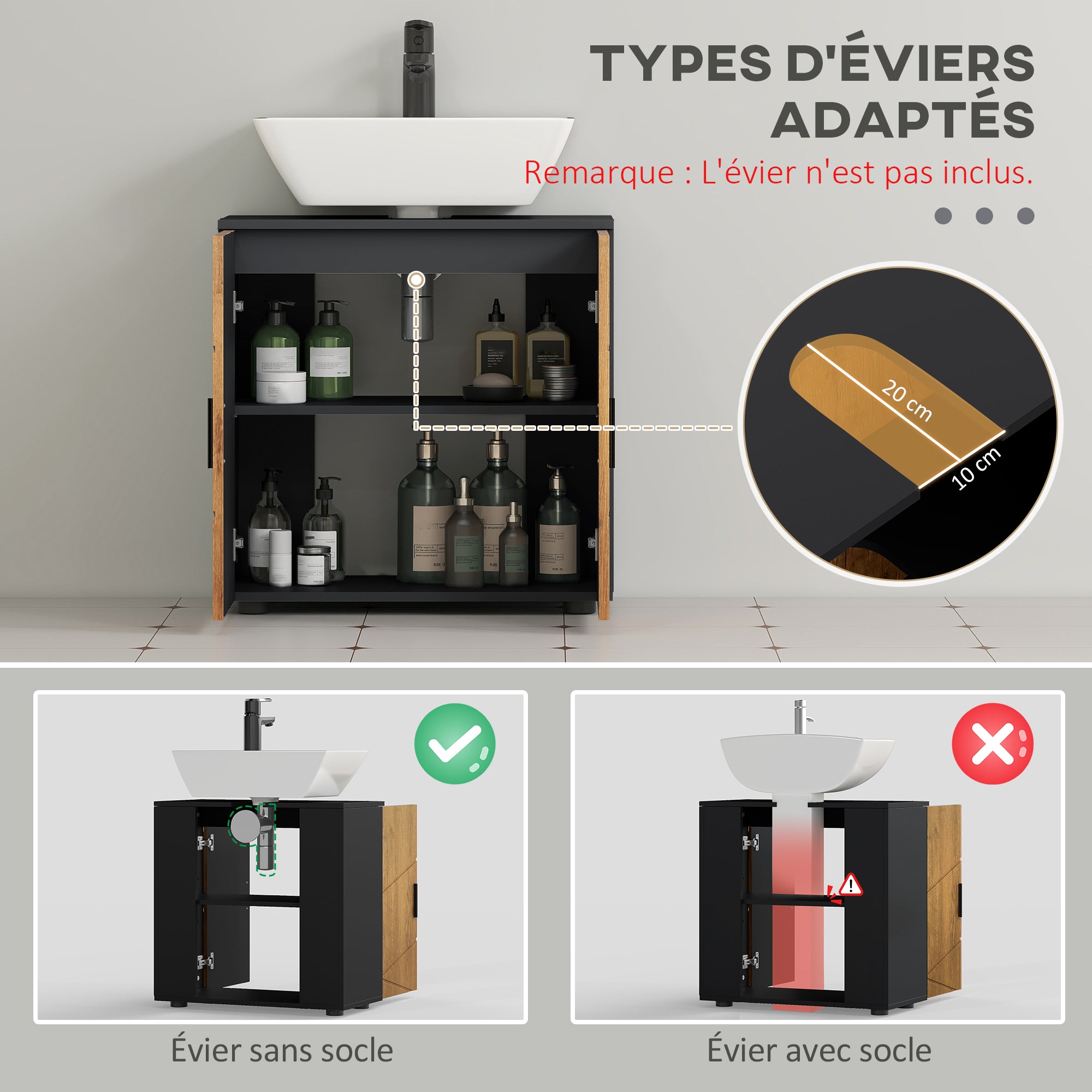 Meuble sous lavabo meuble de salle de bain 2 portes avec étagère réglable armoire de rangement pour vasque 60 x 30 x 60 cm gris anthracite et aspect bois