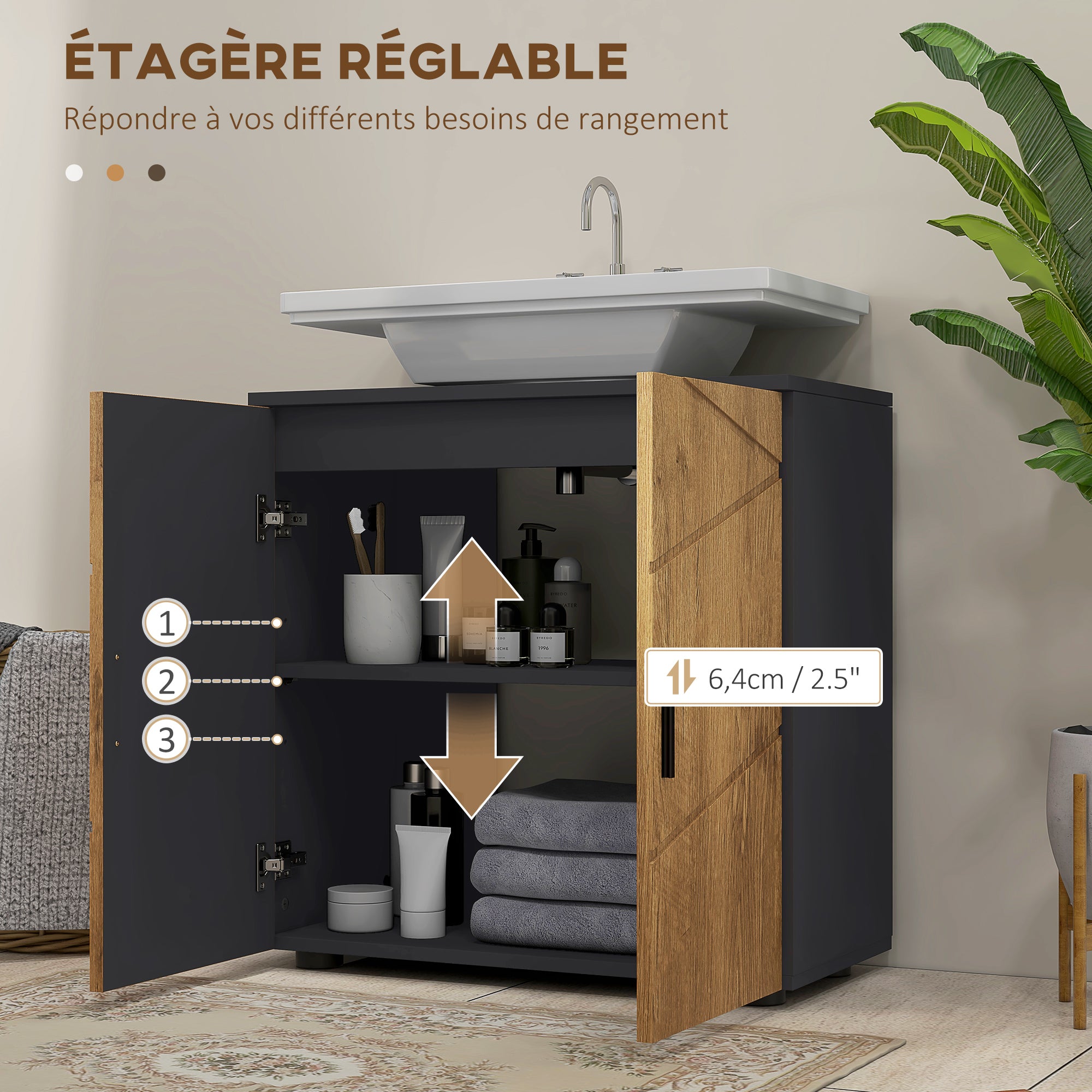 Meuble sous lavabo meuble de salle de bain 2 portes avec étagère réglable armoire de rangement pour vasque 60 x 30 x 60 cm gris anthracite et aspect bois