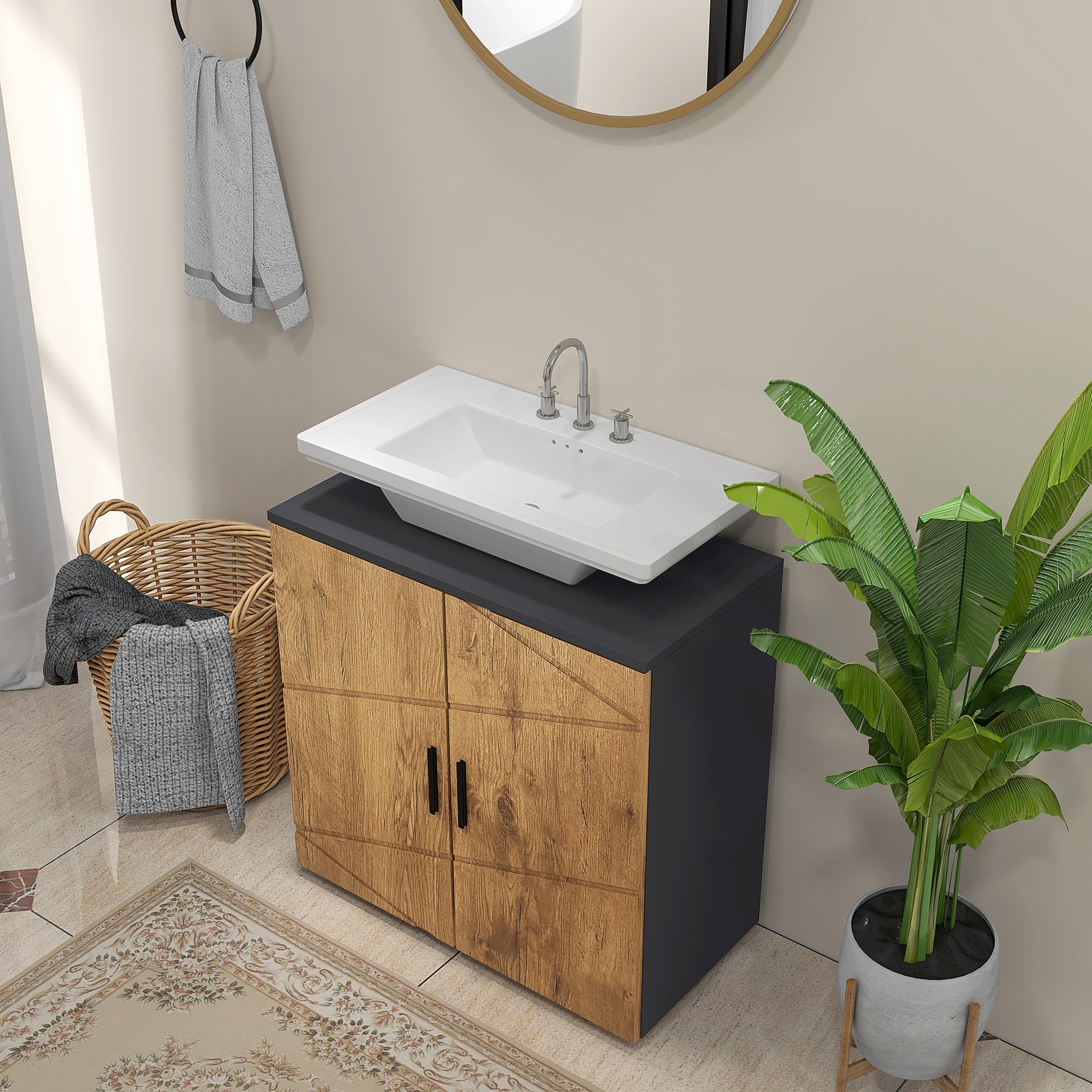 Meuble sous lavabo meuble de salle de bain 2 portes avec étagère réglable armoire de rangement pour vasque 60 x 30 x 60 cm gris anthracite et aspect bois