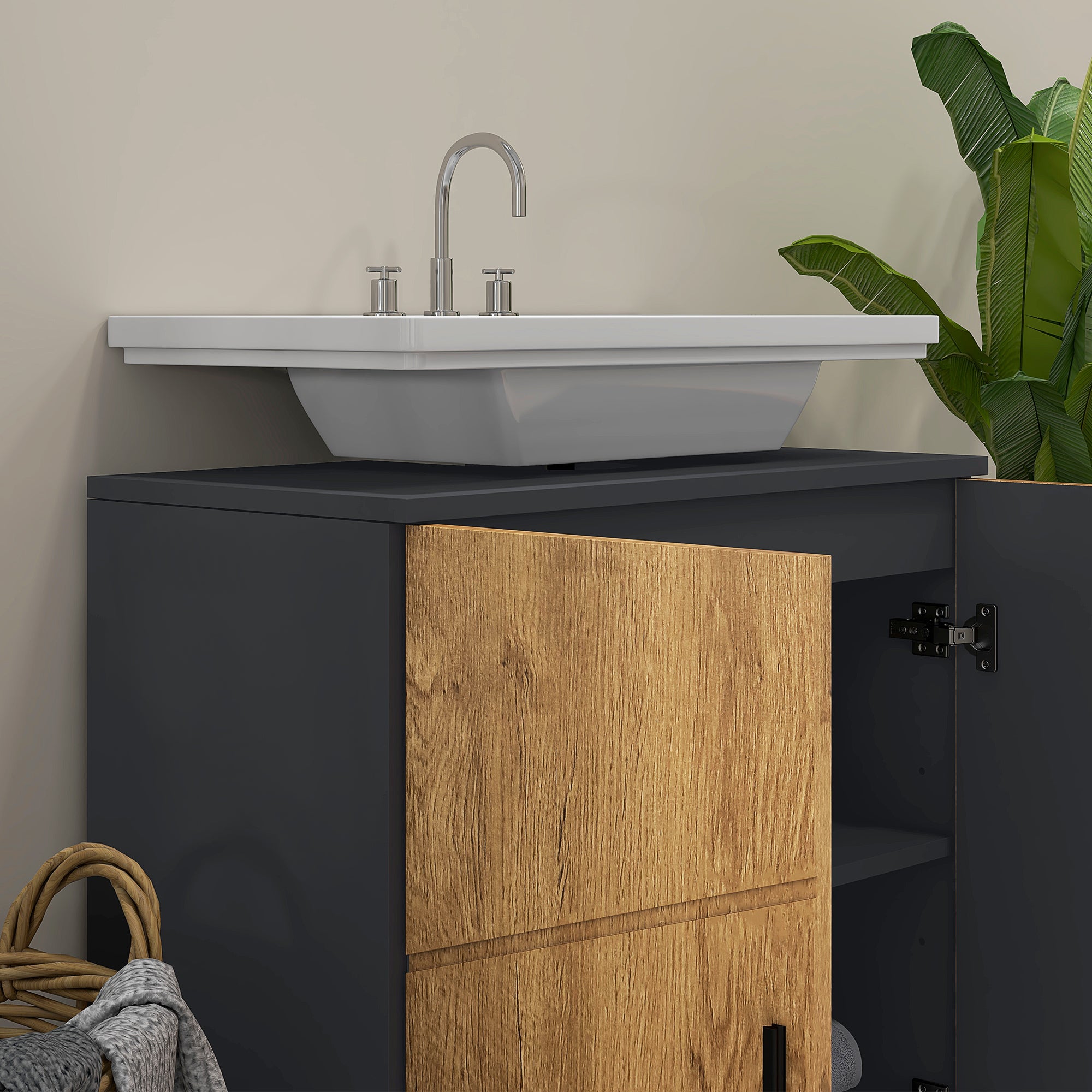 Meuble sous lavabo meuble de salle de bain 2 portes avec étagère réglable armoire de rangement pour vasque 60 x 30 x 60 cm gris anthracite et aspect bois