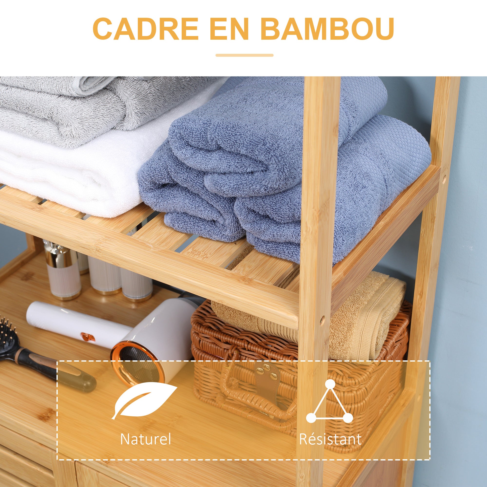 Meuble salle de bain en bambou, armoire salle de bain sur pied avec 2 étagères ouvertes et double porte à lattes, meuble de rangement pour salon, chambre, toilette, 60 x 30 x 120 cm, naturel