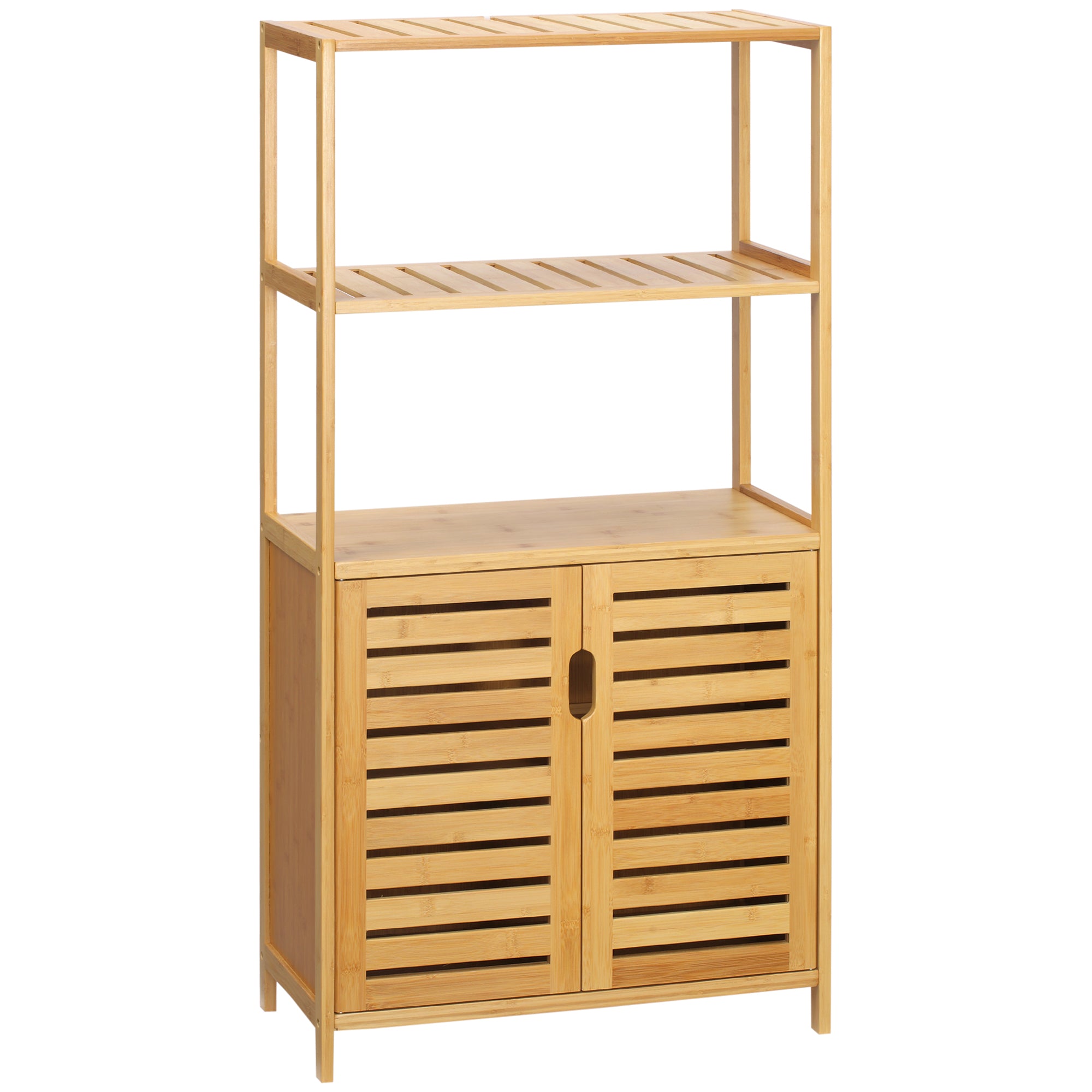 Meuble salle de bain en bambou, armoire salle de bain sur pied avec 2 étagères ouvertes et double porte à lattes, meuble de rangement pour salon, chambre, toilette, 60 x 30 x 120 cm, naturel
