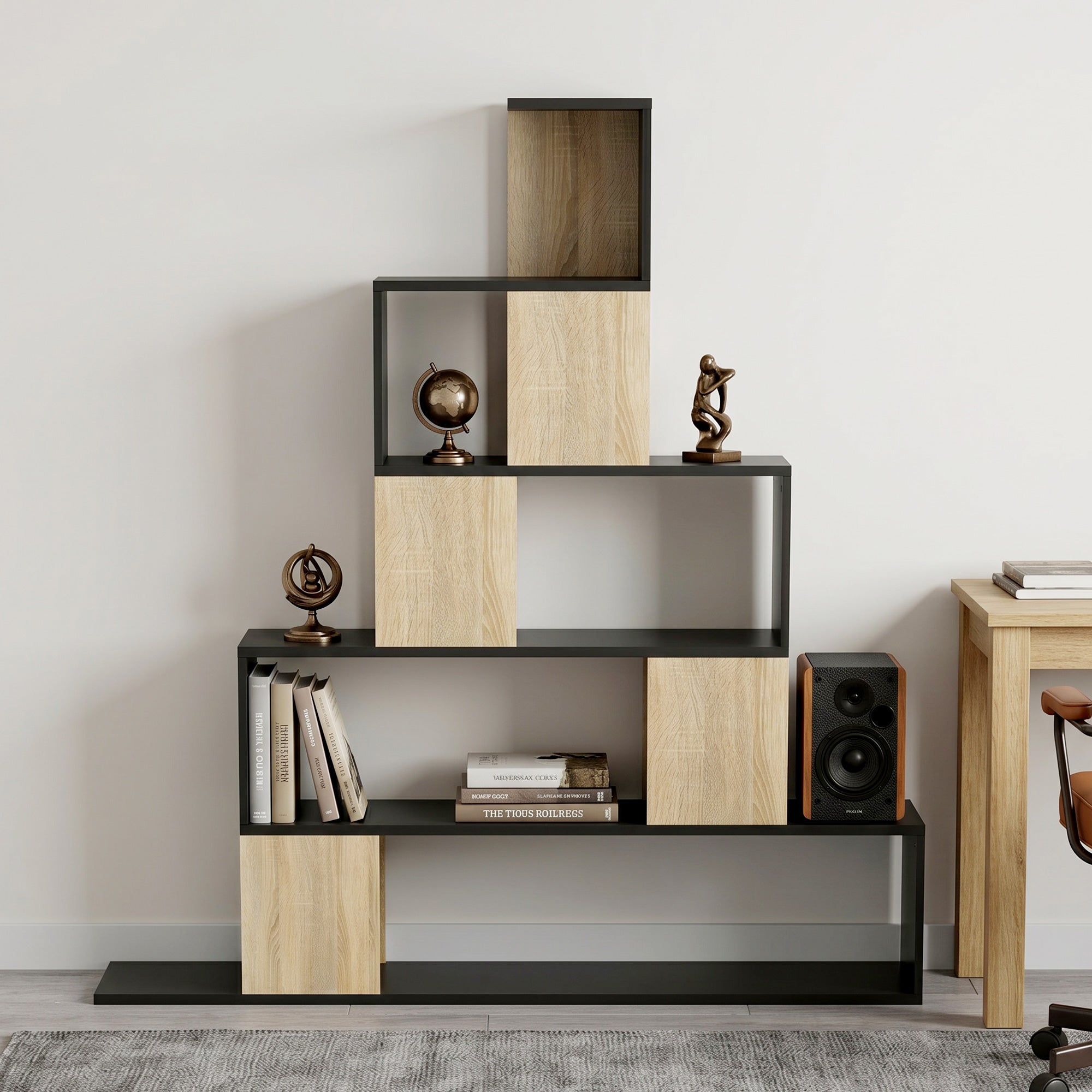 Étagère de rangement, bibliothèque géométrique à 5 niveaux, pour bureau, salon, chambre, 120 x 22 x 131,5 cm, noir et bois naturel
