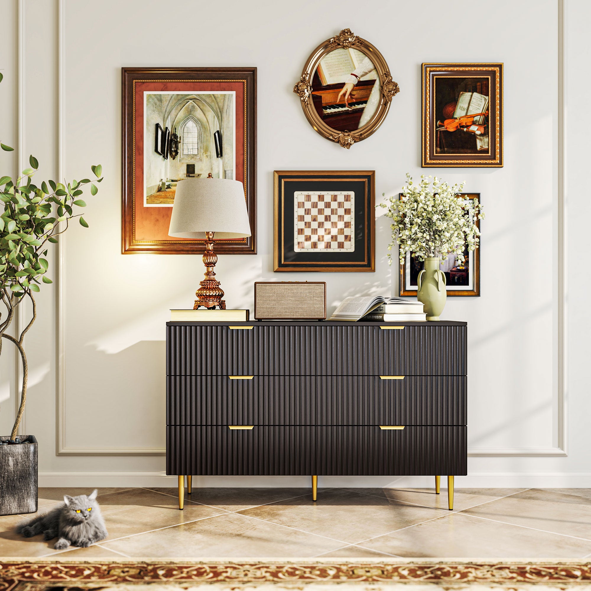 Commode 6 tiroirs commode chambre meuble de rangement moderne avec poignées et pieds dorés, pour chambre à coucher, salon, dim. 120 x 40 x 76,5 cm, noir