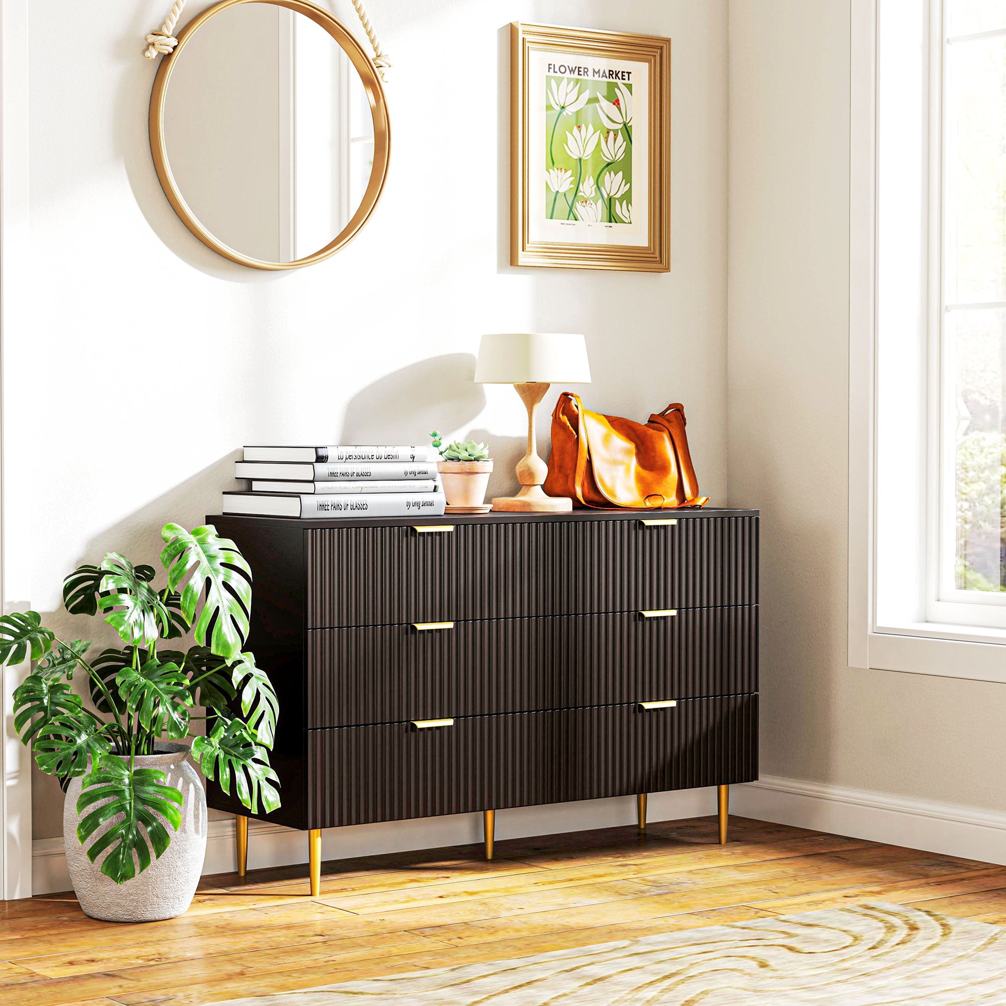 Commode 6 tiroirs commode chambre meuble de rangement moderne avec poignées et pieds dorés, pour chambre à coucher, salon, dim. 120 x 40 x 76,5 cm, noir