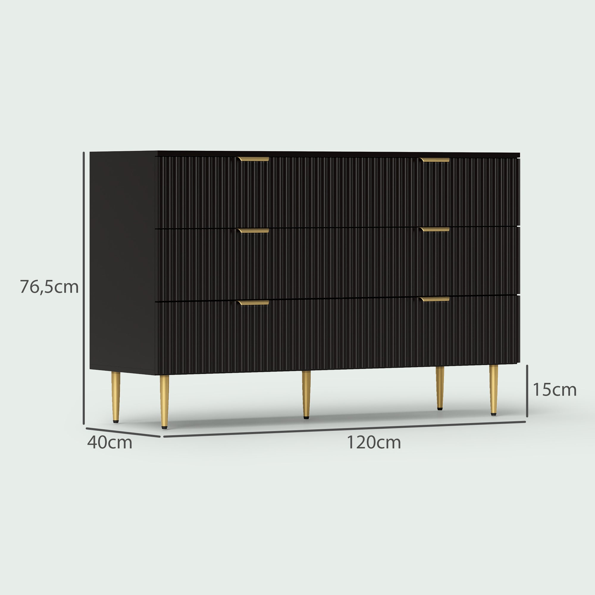 Commode 6 tiroirs commode chambre meuble de rangement moderne avec poignées et pieds dorés, pour chambre à coucher, salon, dim. 120 x 40 x 76,5 cm, noir