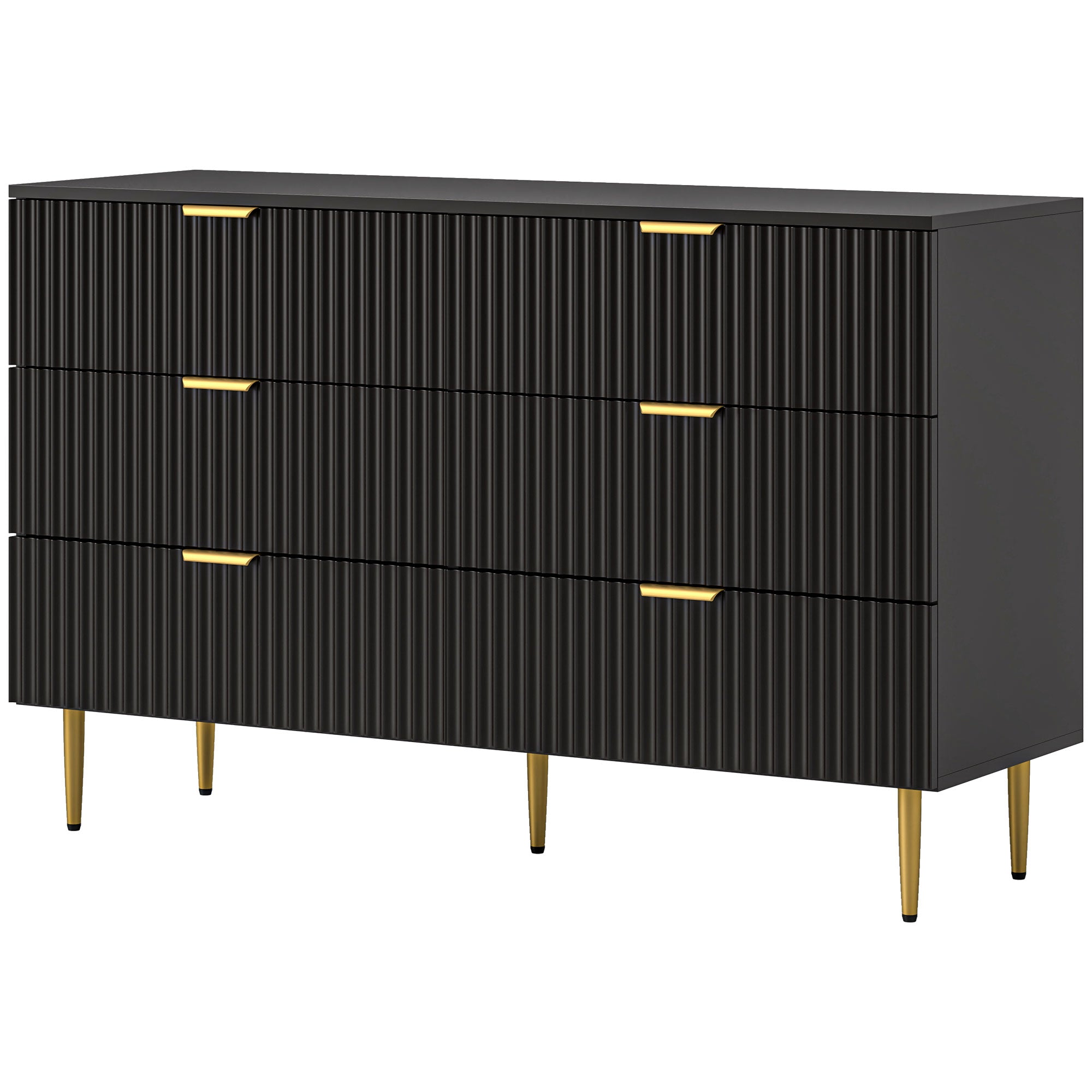 Commode 6 tiroirs commode chambre meuble de rangement moderne avec poignées et pieds dorés, pour chambre à coucher, salon, dim. 120 x 40 x 76,5 cm, noir